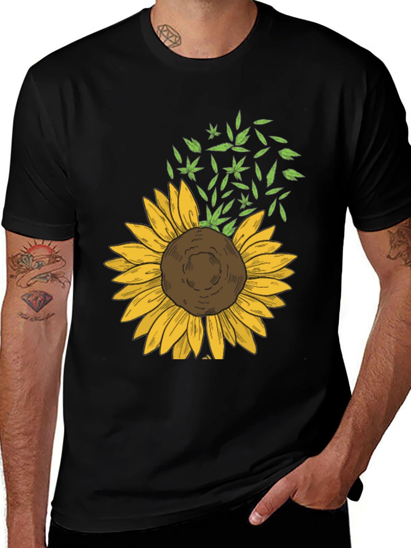 Sunflower & Leaf Print Black T-Shirt