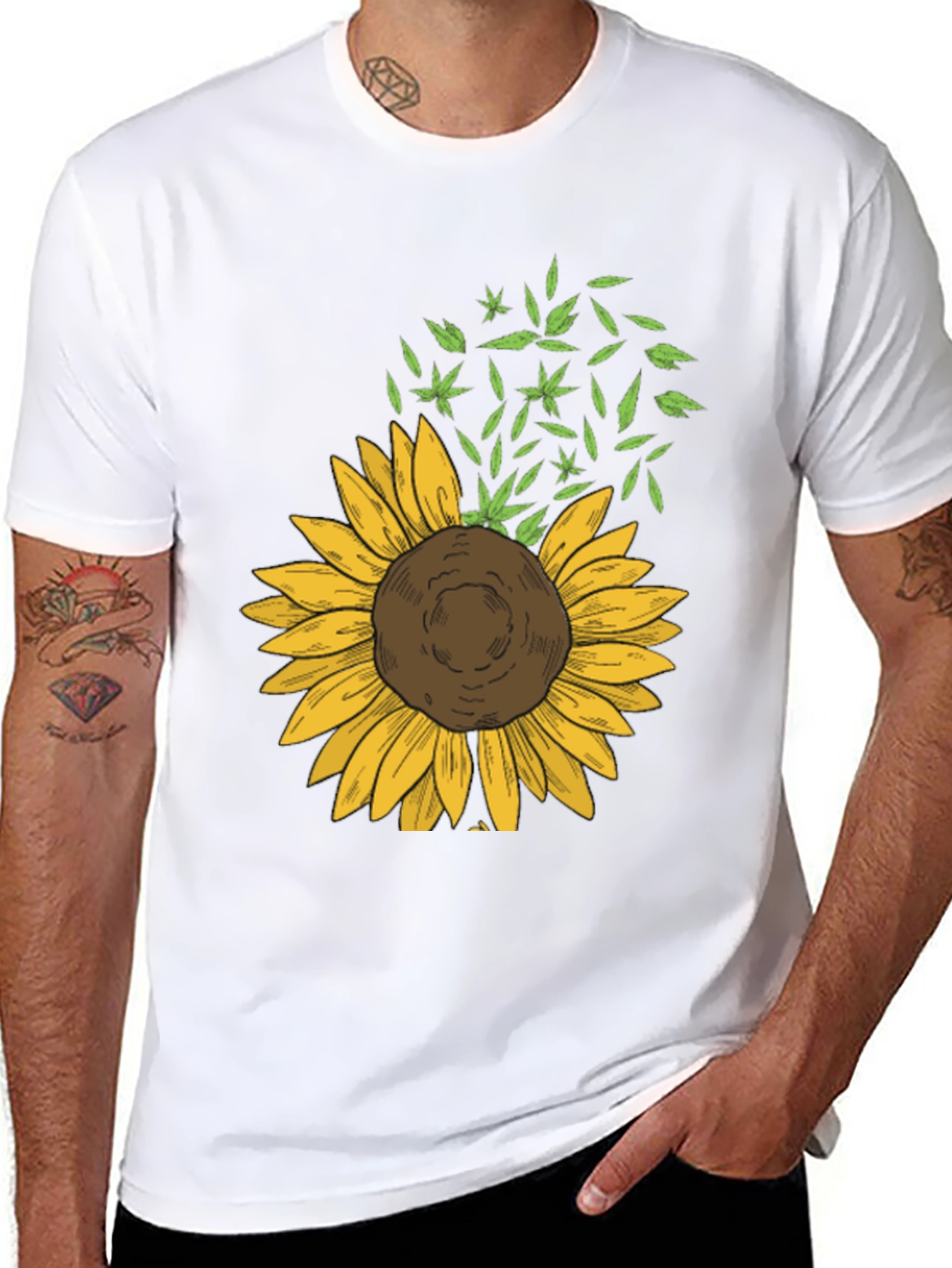 Sunflower & Leaf Print Black T-Shirt