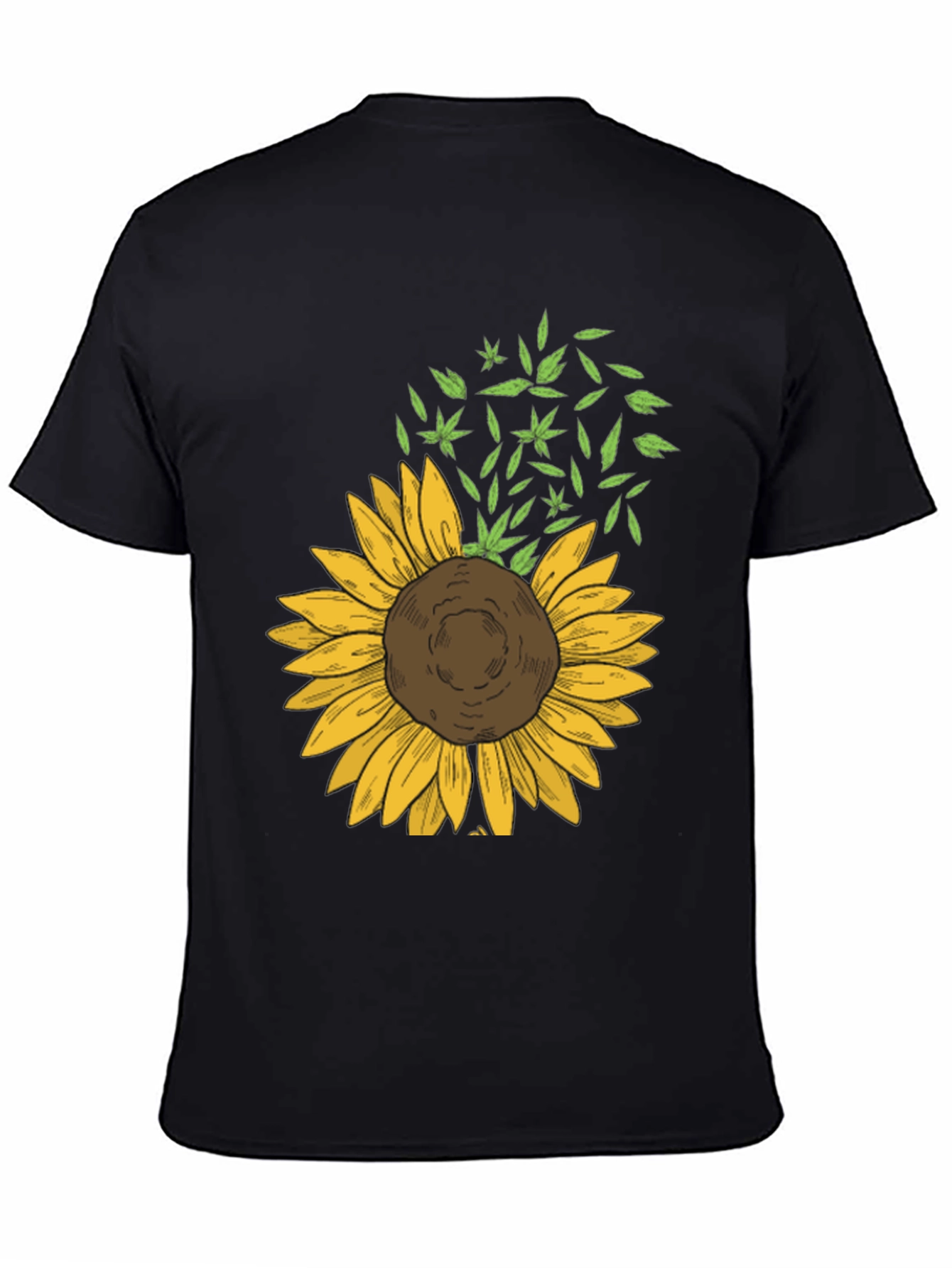 Sunflower & Leaf Print Black T-Shirt