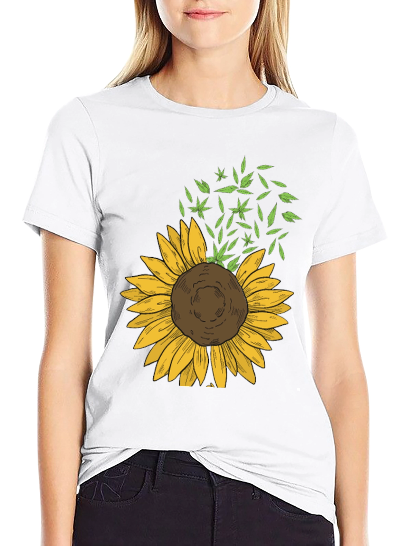 Sunflower & Leaf Print Black T-Shirt