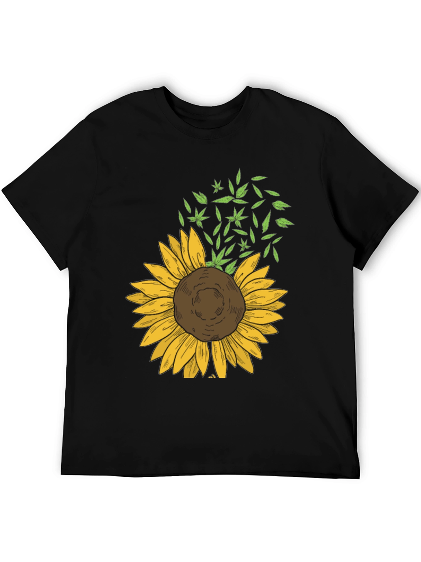 Sunflower & Leaf Print Black T-Shirt