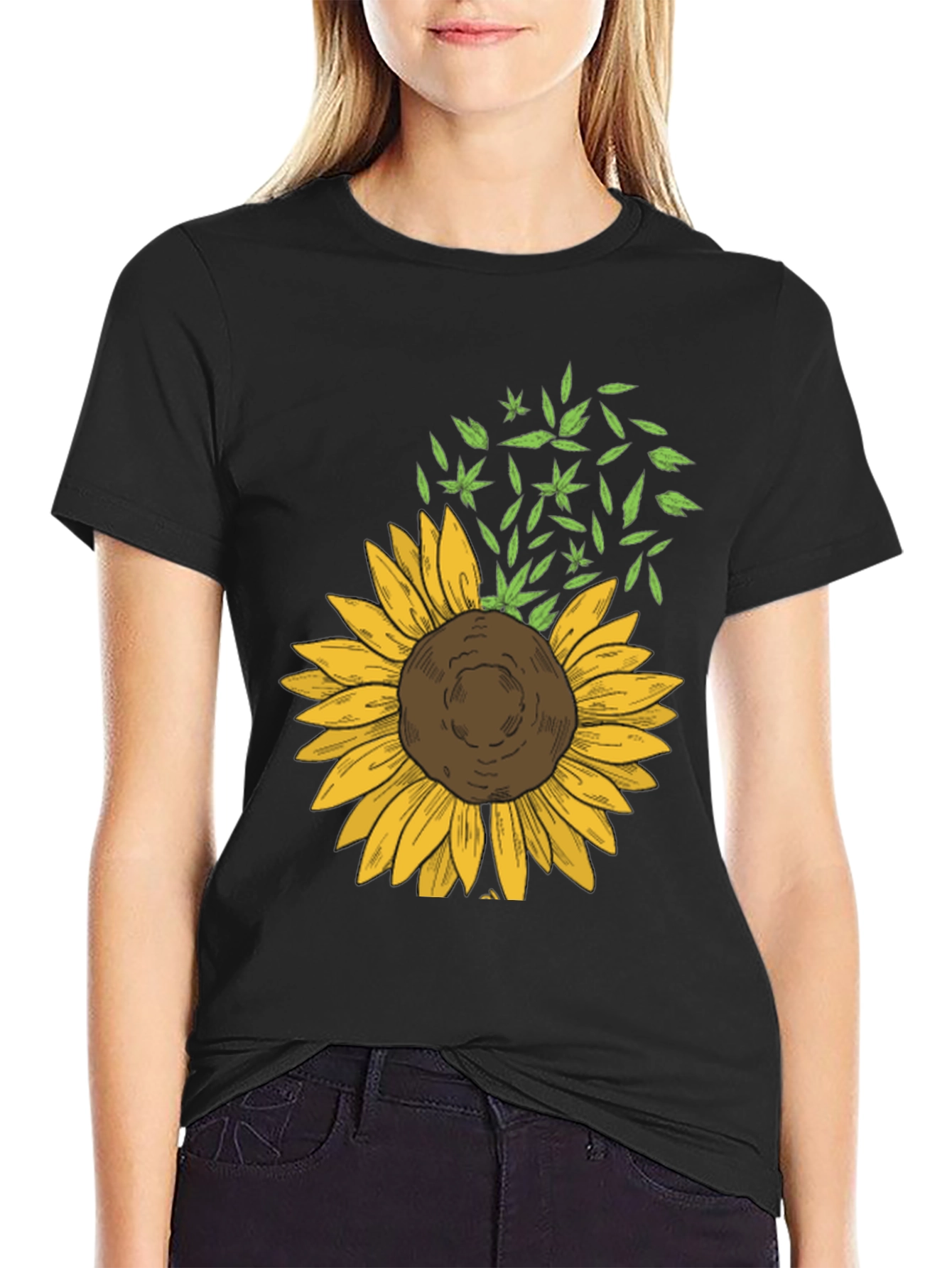 Sunflower & Leaf Print Black T-Shirt