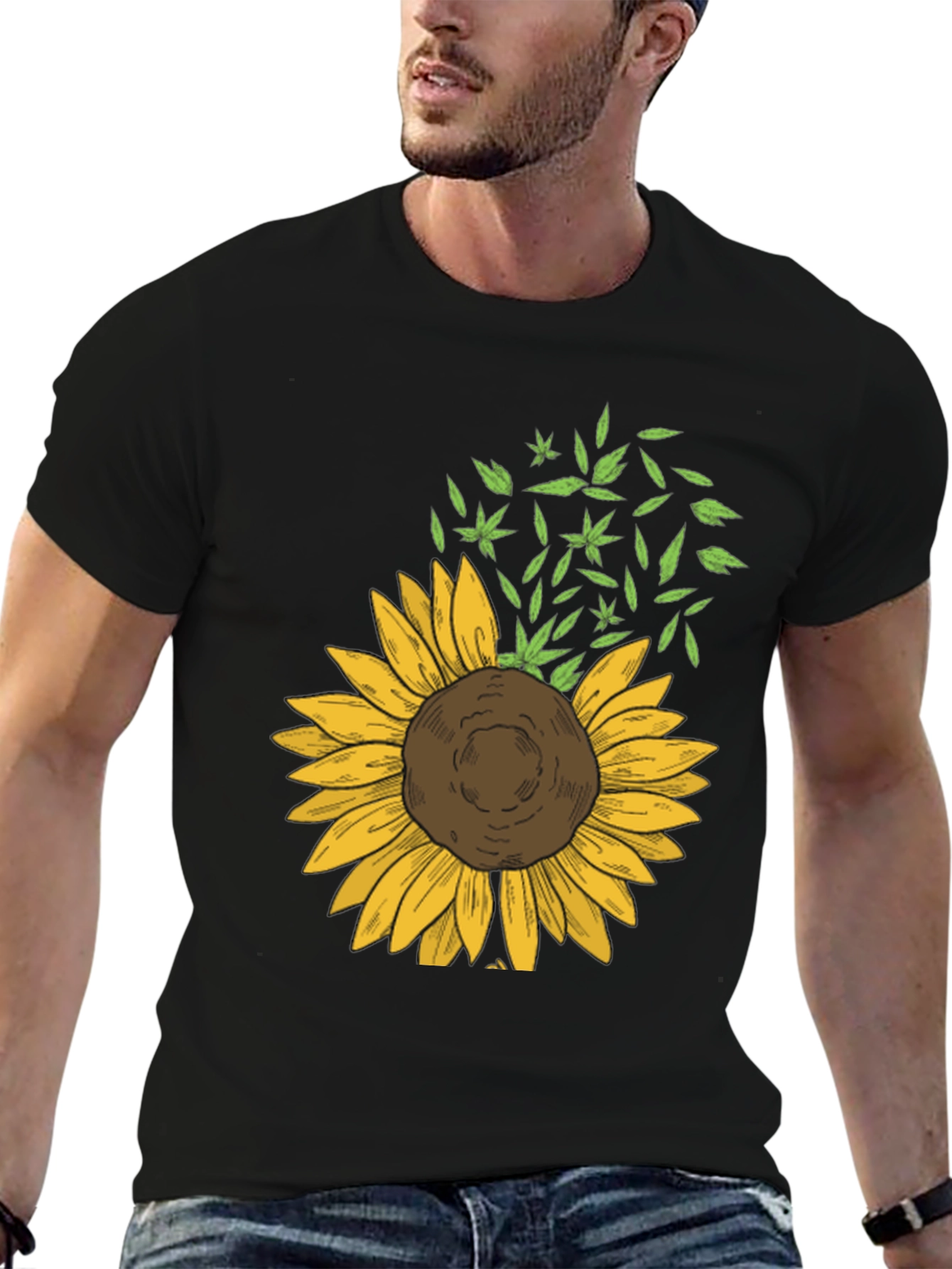 Sunflower & Leaf Print Black T-Shirt