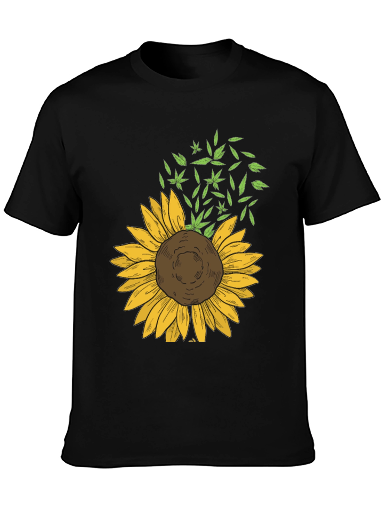 Sunflower & Leaf Print Black T-Shirt