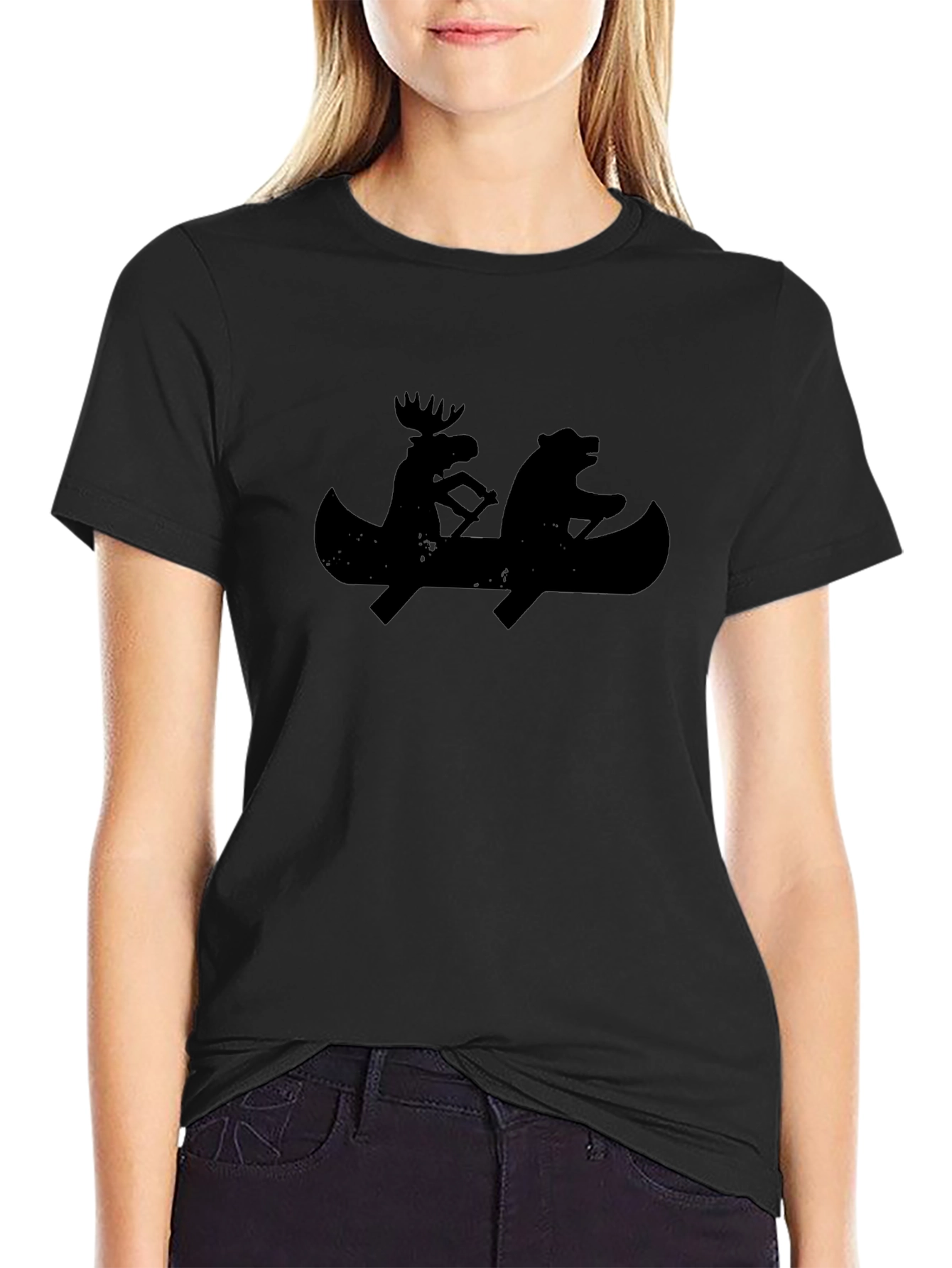 Black T-Shirt with Moose and Bear Canoeing Design