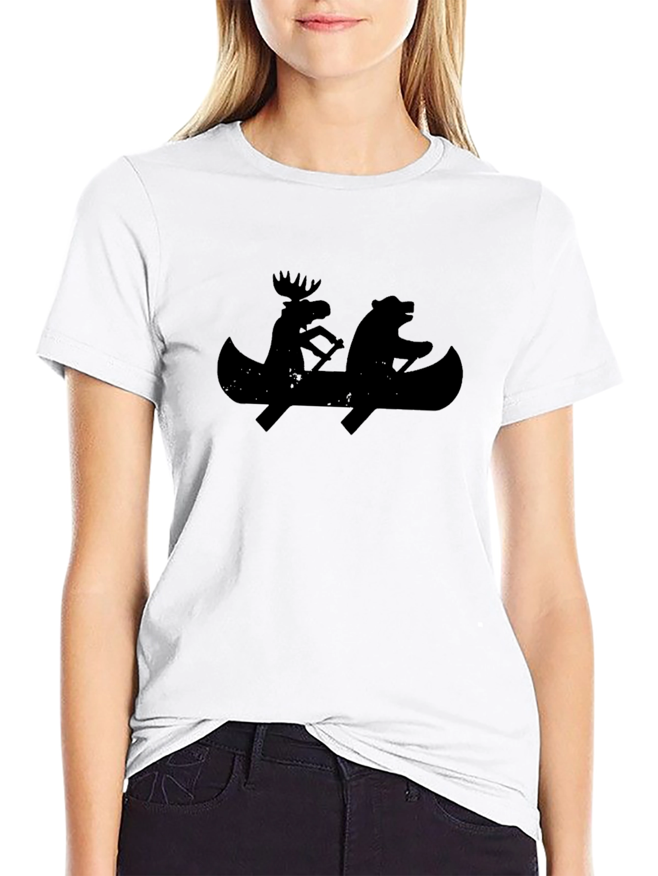 Black T-Shirt with Moose and Bear Canoeing Design