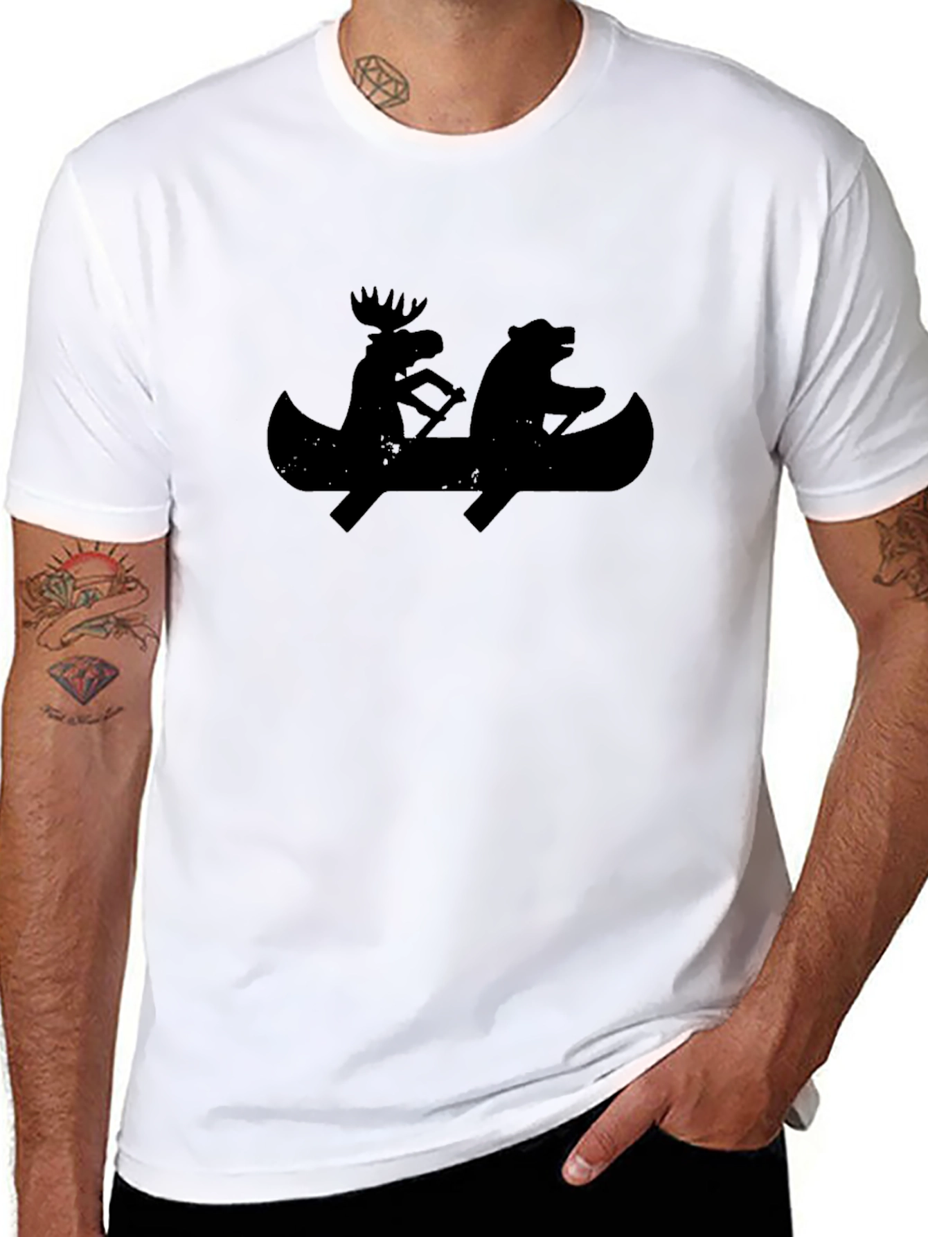 Black T-Shirt with Moose and Bear Canoeing Design