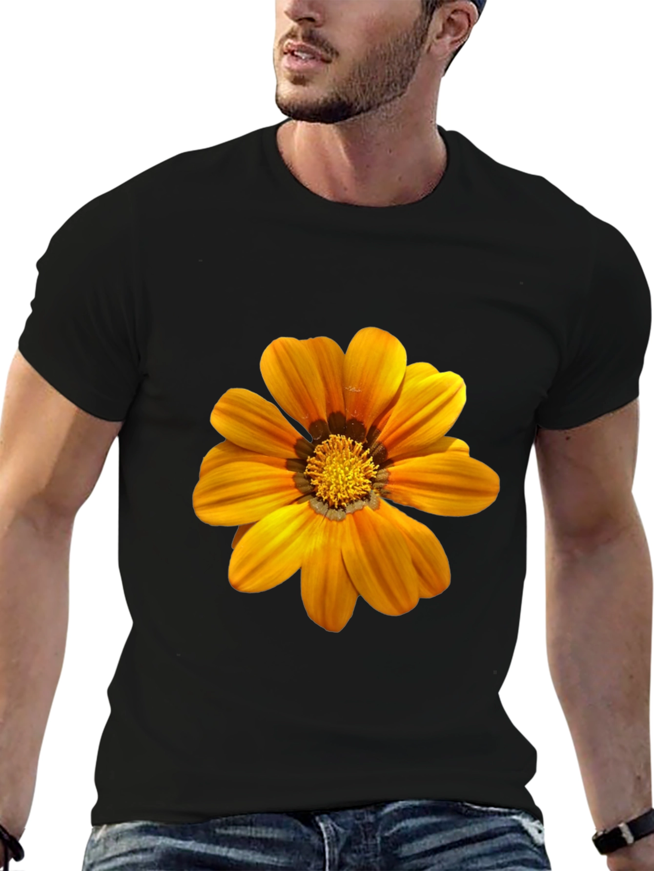 Mens Black T-Shirt with Vibrant Orange Flower Print