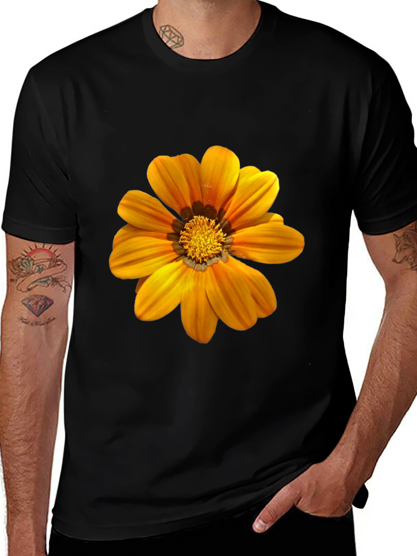 Mens Black T-Shirt with Vibrant Orange Flower Print