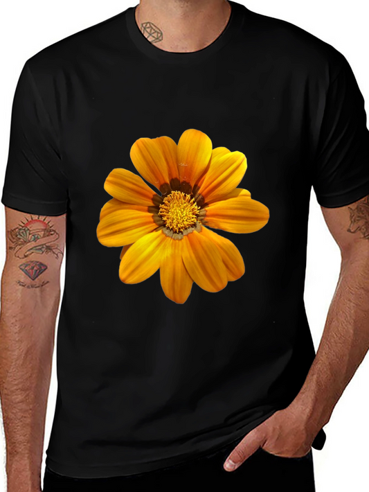 Mens Black T-Shirt with Vibrant Orange Flower Print