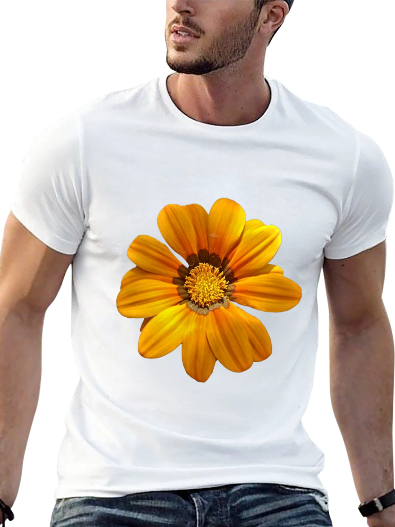 Mens Black T-Shirt with Vibrant Orange Flower Print