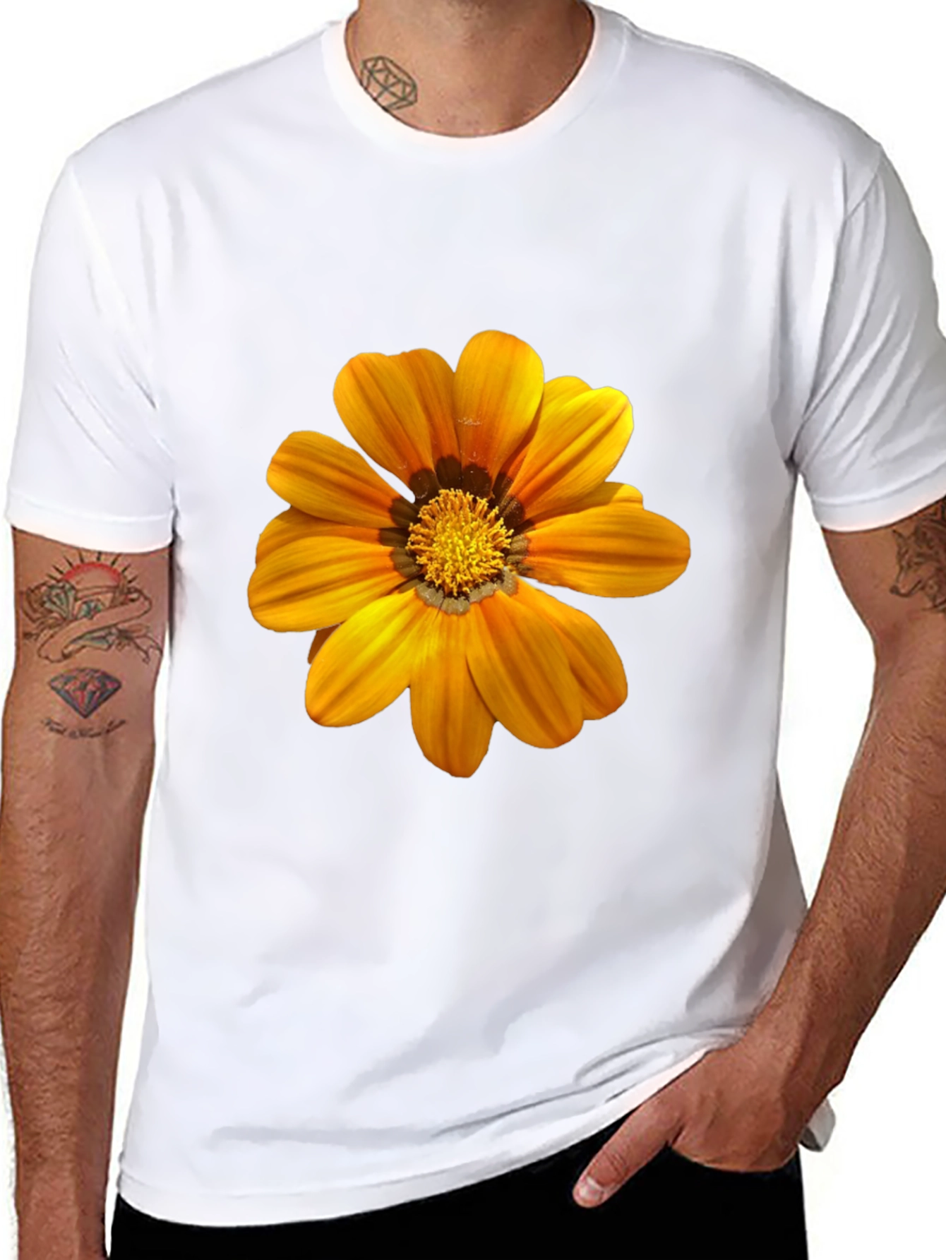 Mens Black T-Shirt with Vibrant Orange Flower Print
