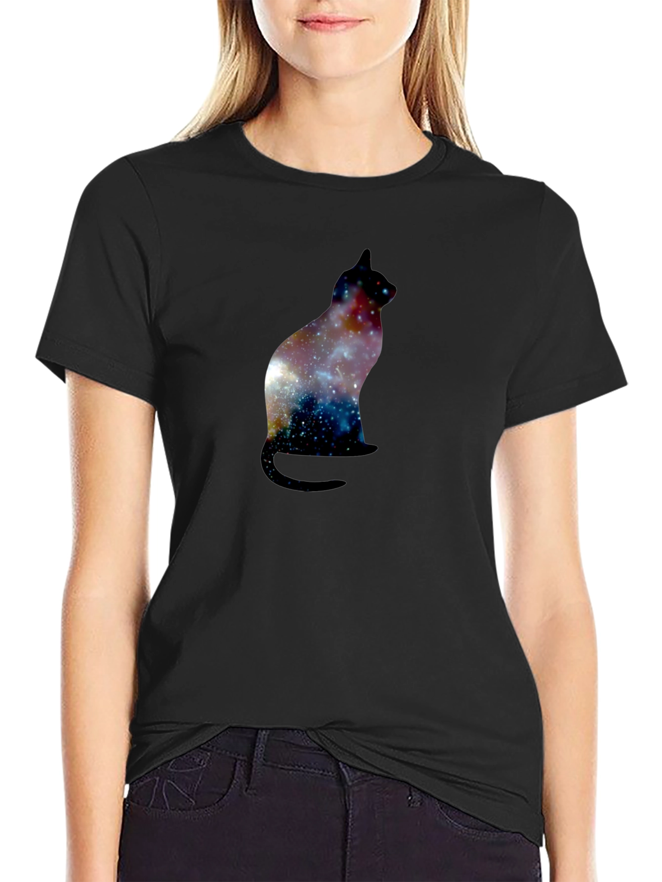Galaxy Cat Silhouette Black T-Shirt