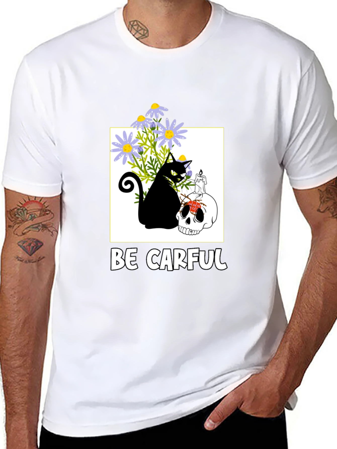 Be Carful Black Cat Skull Graphic Tee