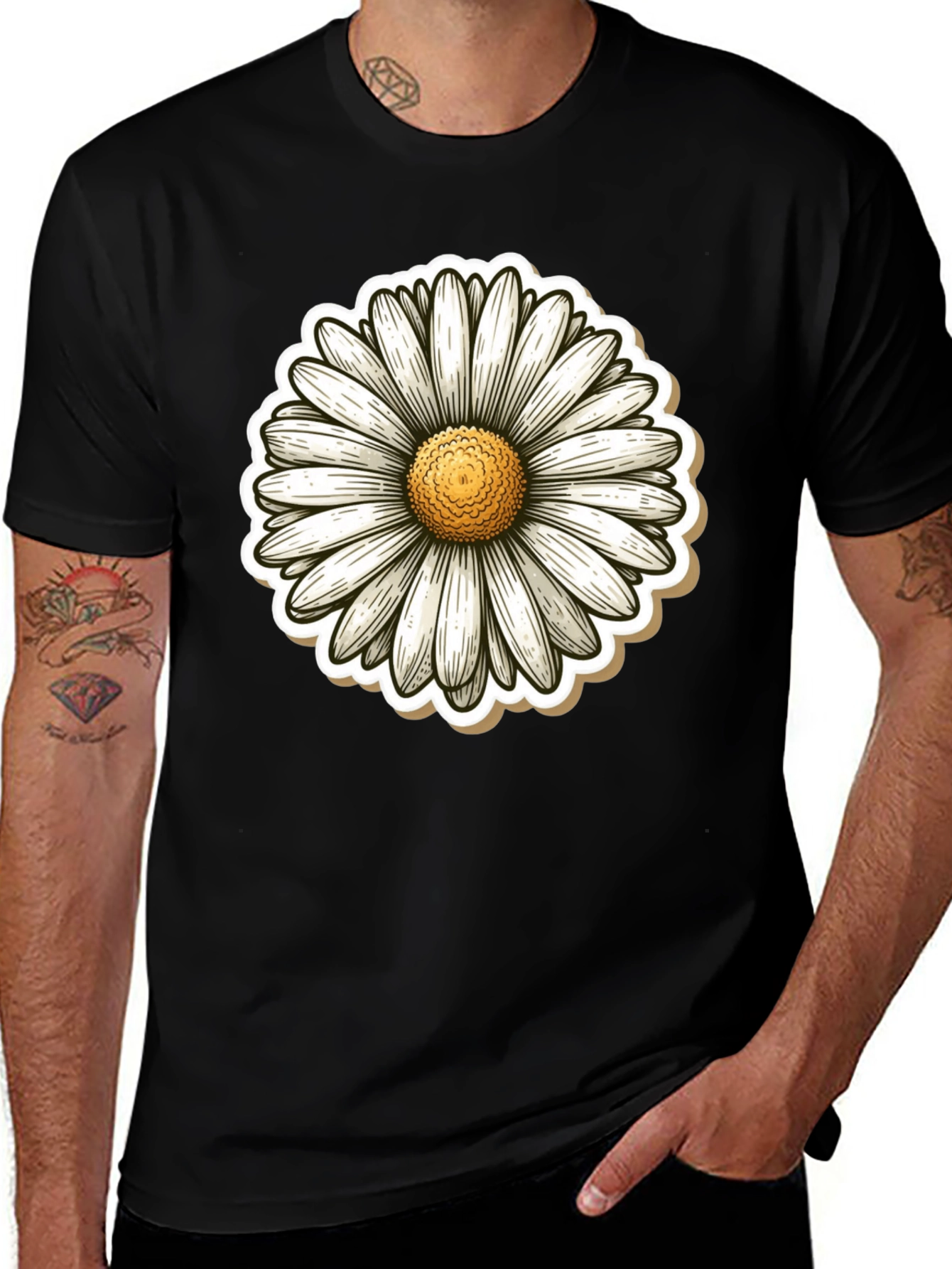 Daisy Flower Graphic Print Black T-Shirt