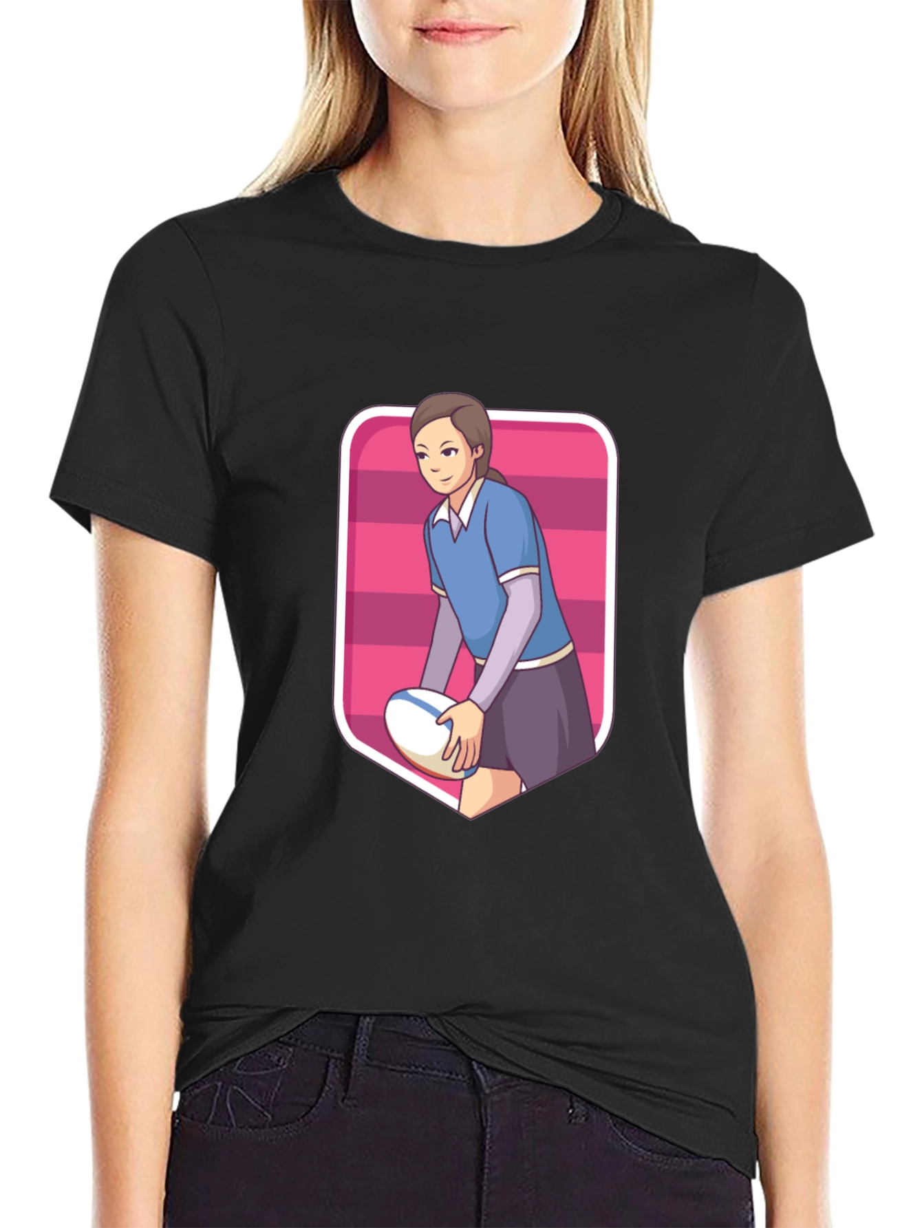 Rugby Girl Graphic Tee - Sporty Cartoon Style