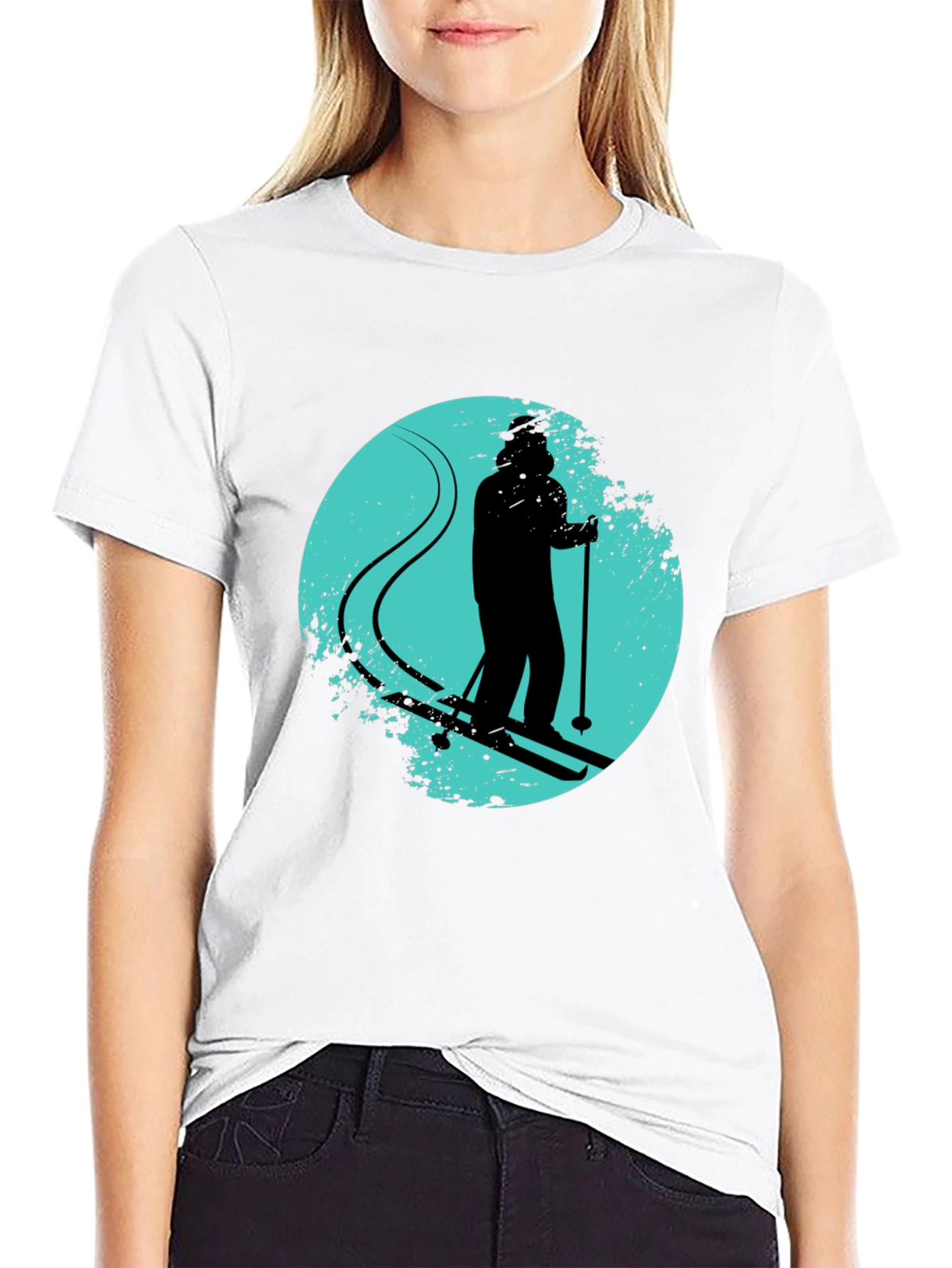 Skiing Silhouette Graphic Tee - Black Crew Neck