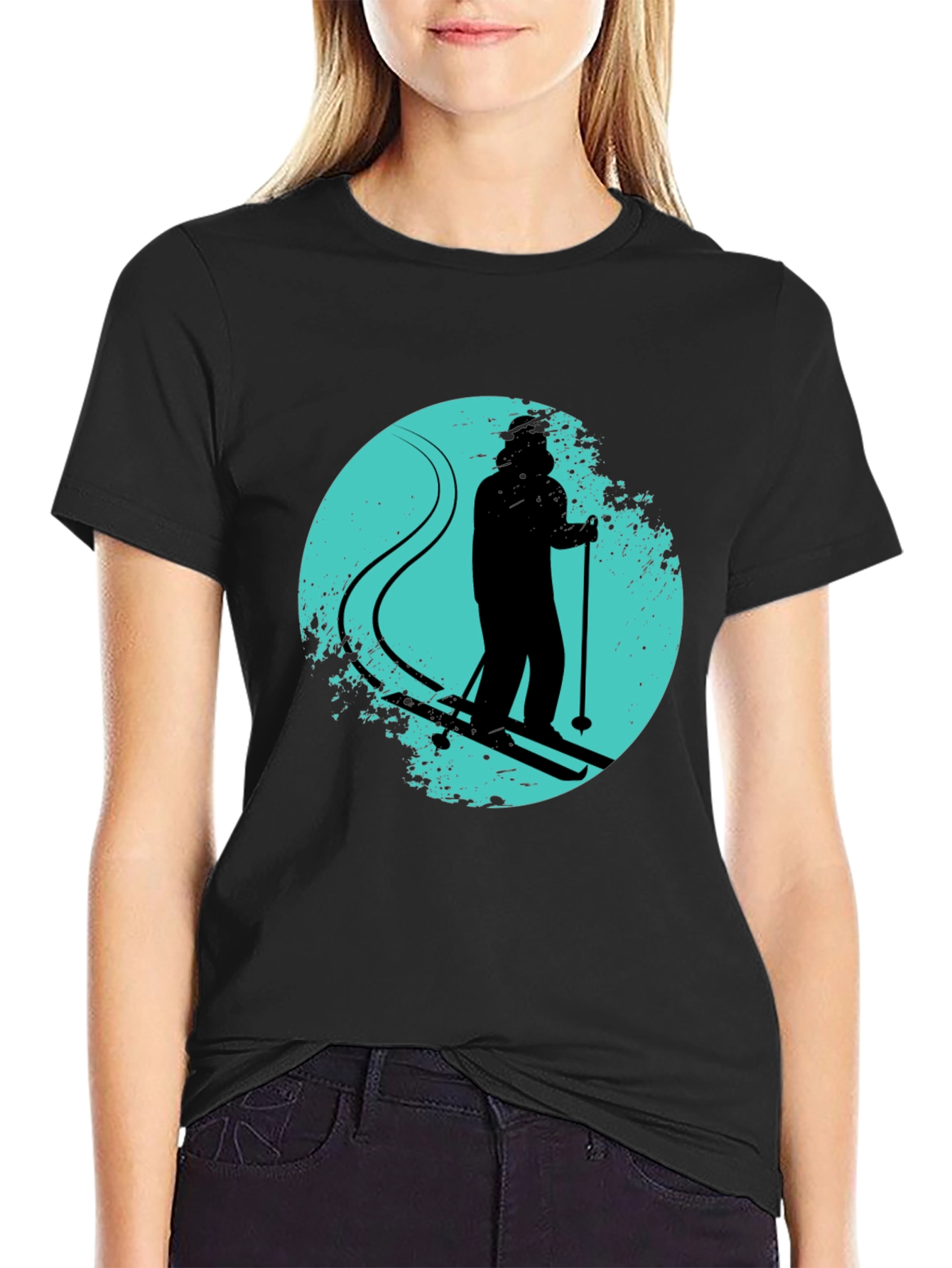 Skiing Silhouette Graphic Tee - Black Crew Neck