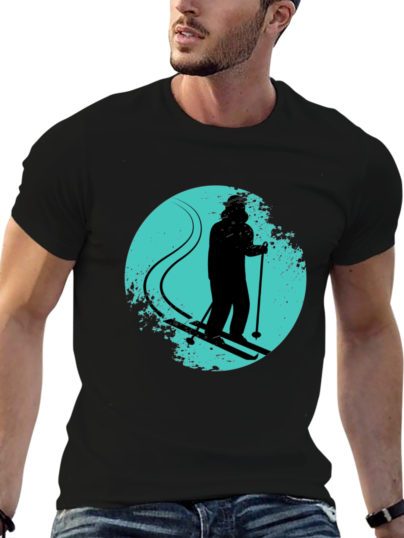 Skiing Silhouette Graphic Tee - Black Crew Neck
