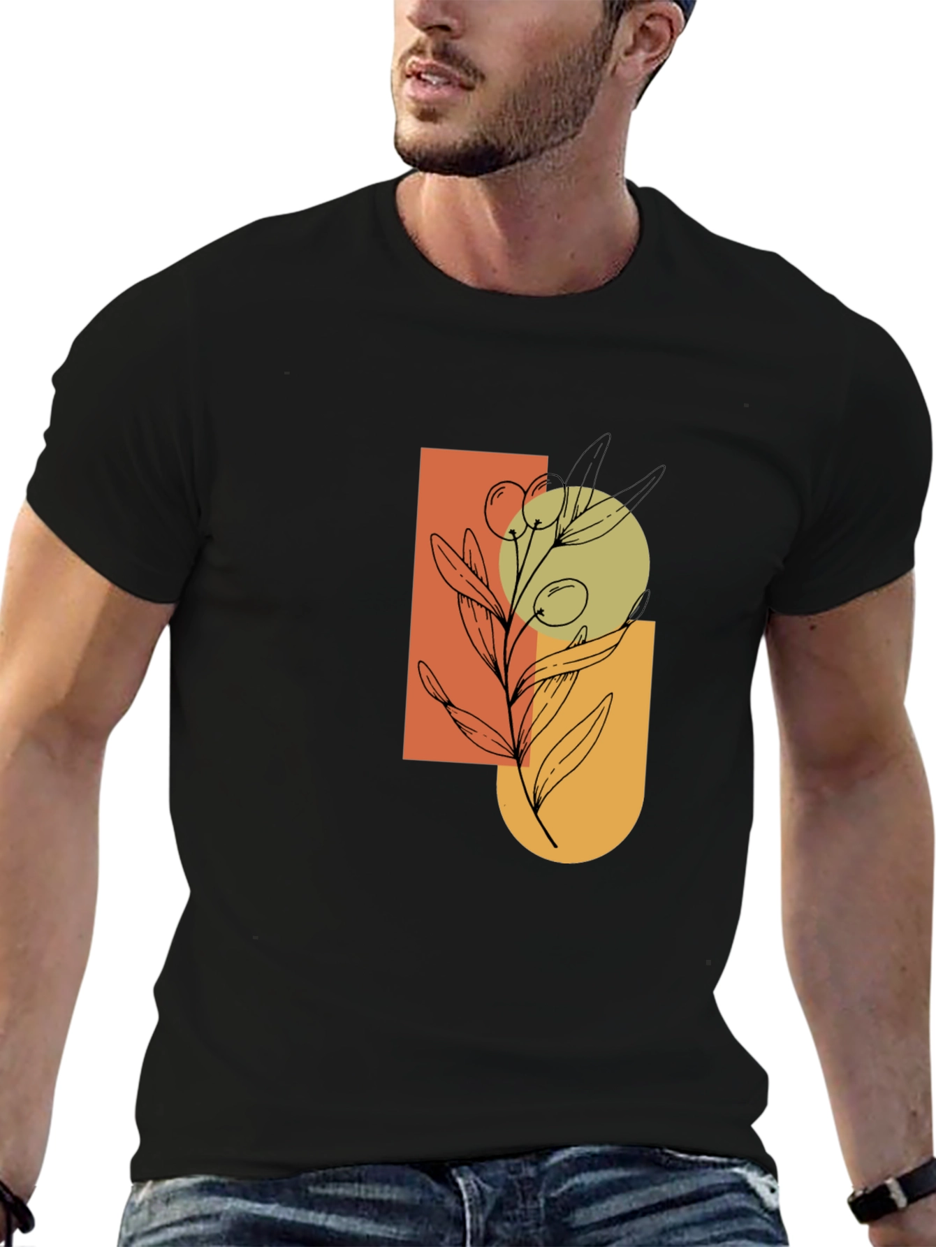 Modern Olive Branch Graphic Black T-Shirt