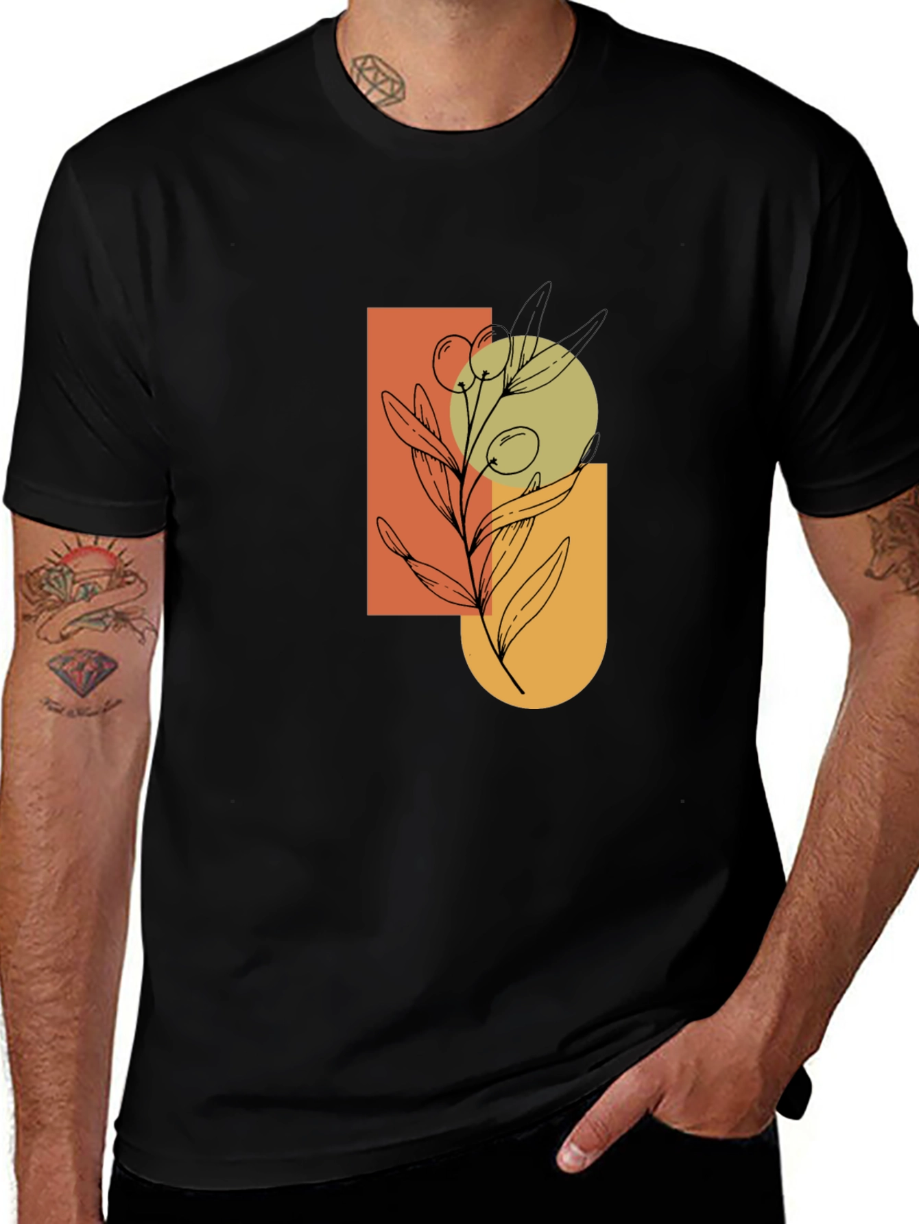 Modern Olive Branch Graphic Black T-Shirt