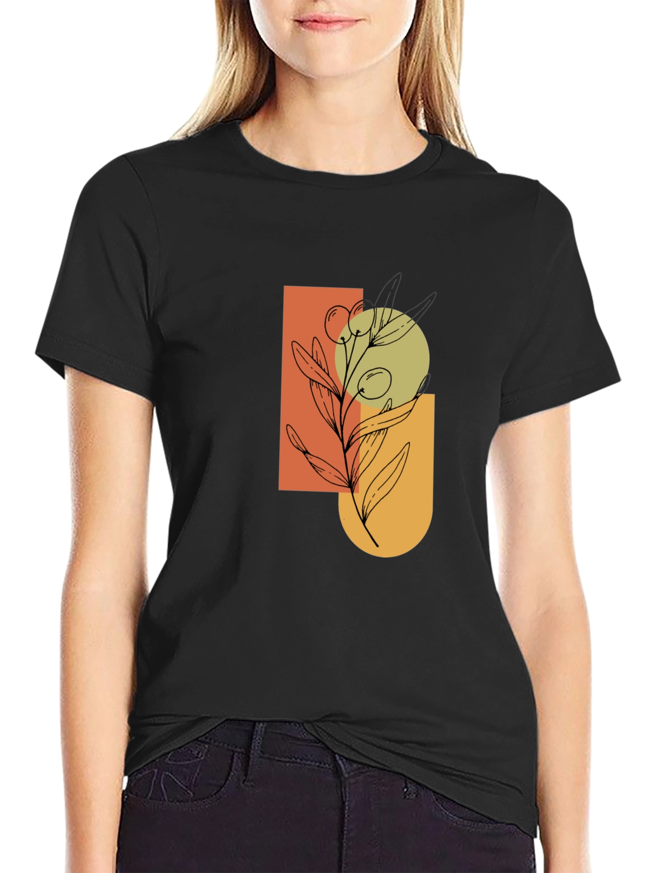 Modern Olive Branch Graphic Black T-Shirt