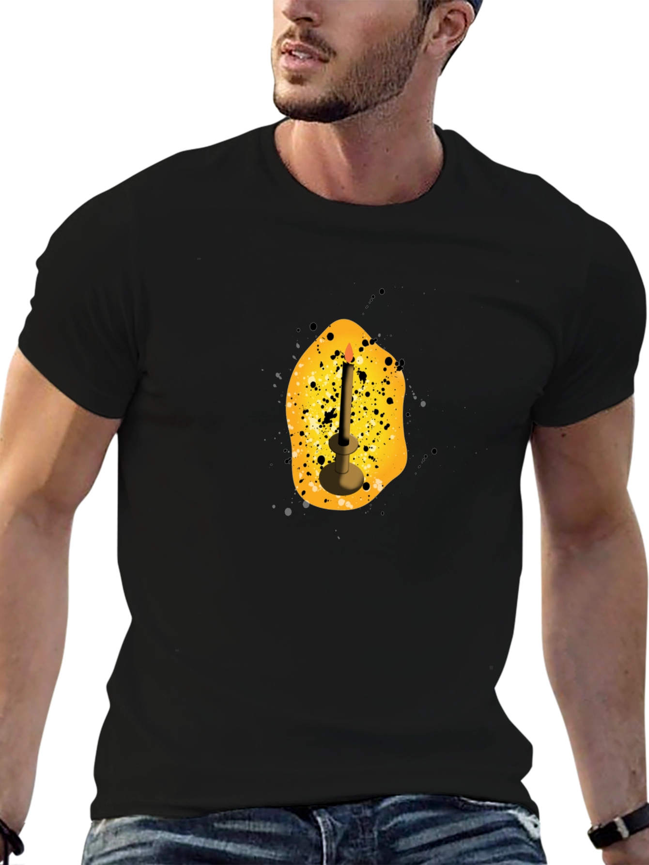 Mens Black T-Shirt with Candle Graphic