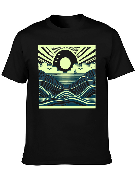Ocean Sunrise Graphic Tee - Black Cotton T-Shirt