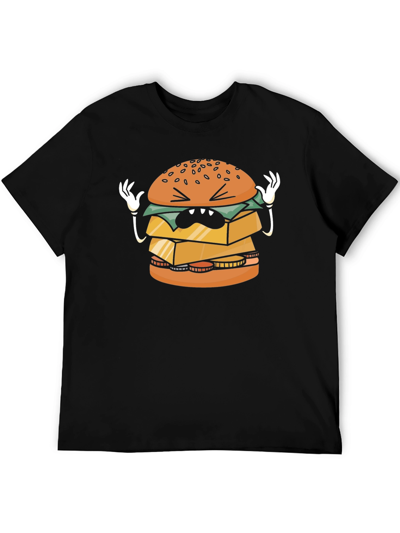 Funny Cartoon Burger Graphic Black T-Shirt