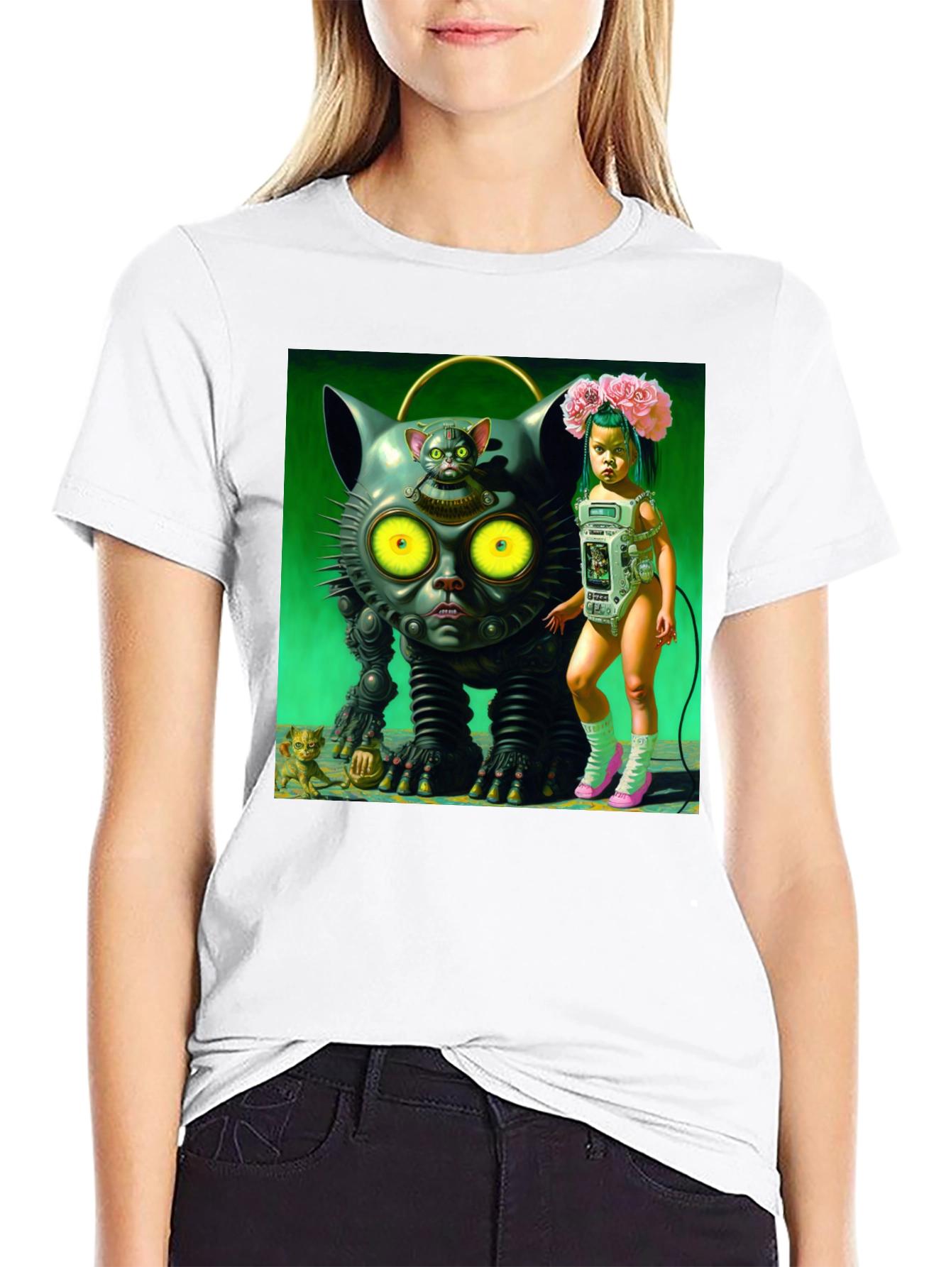Surreal Cat Robot Girl Graphic Tee