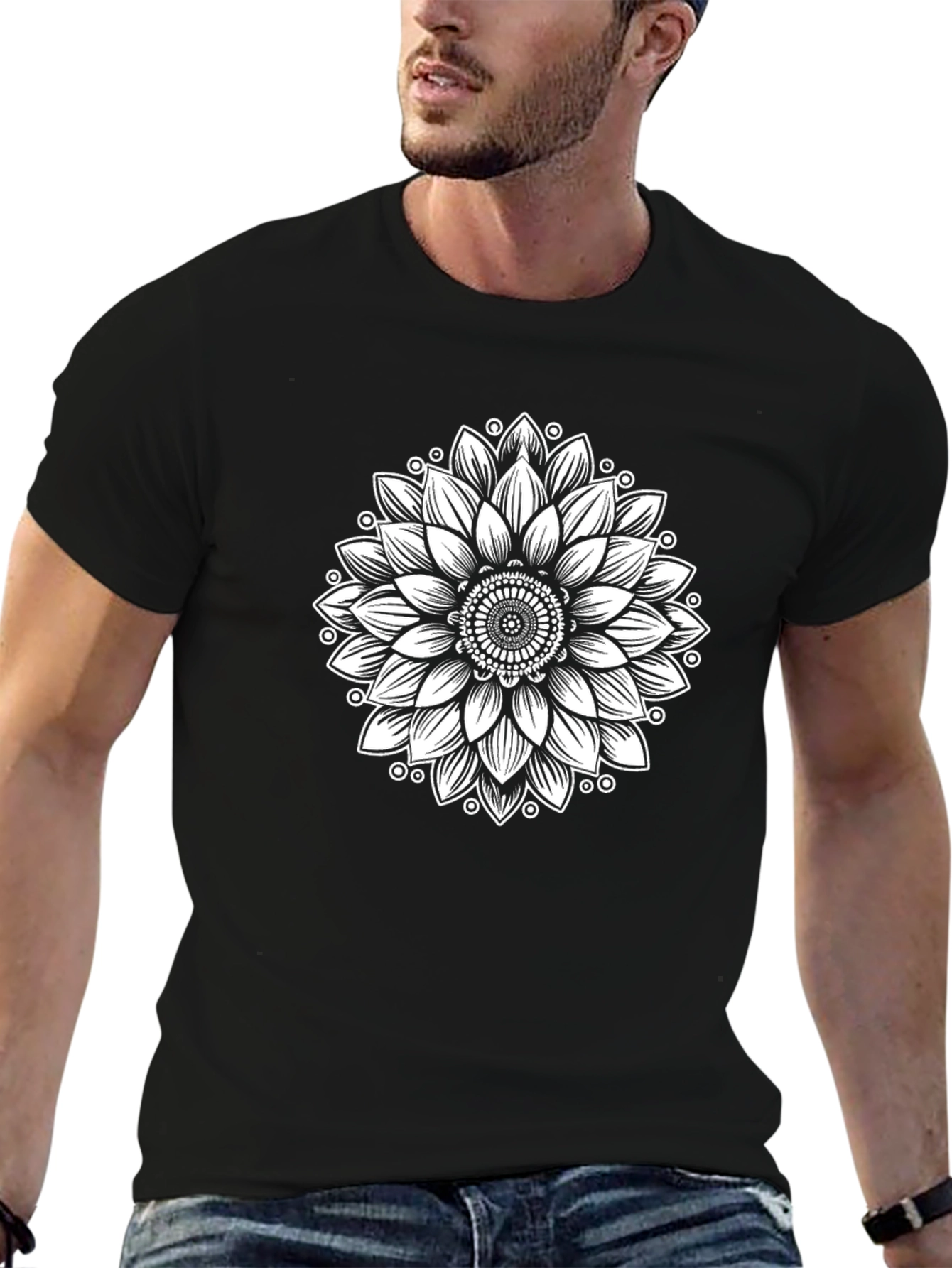 Black T-Shirt with Sunflower Mandala