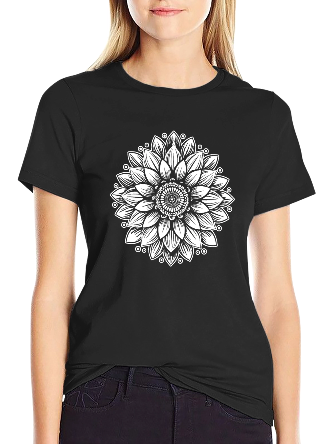 Black T-Shirt with Sunflower Mandala