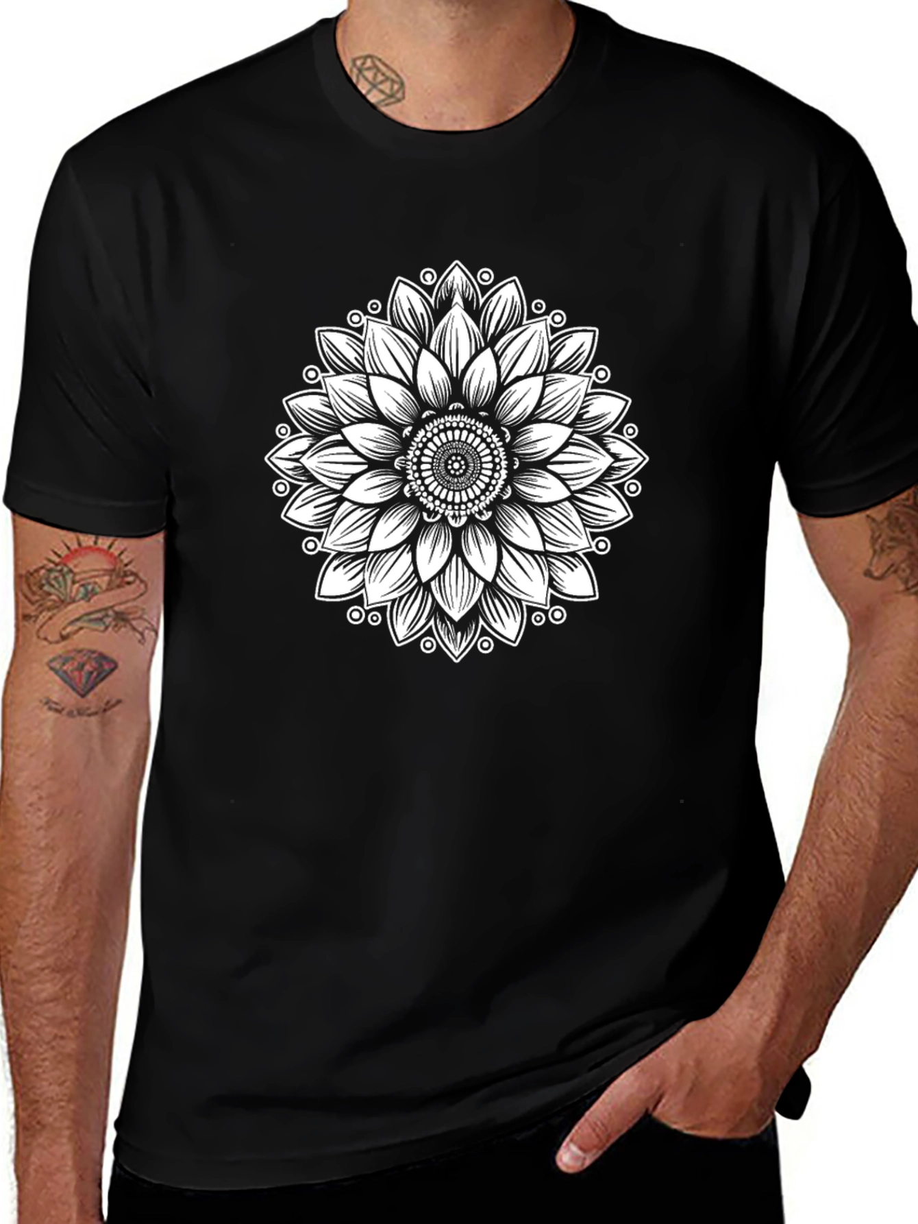 Black T-Shirt with Sunflower Mandala