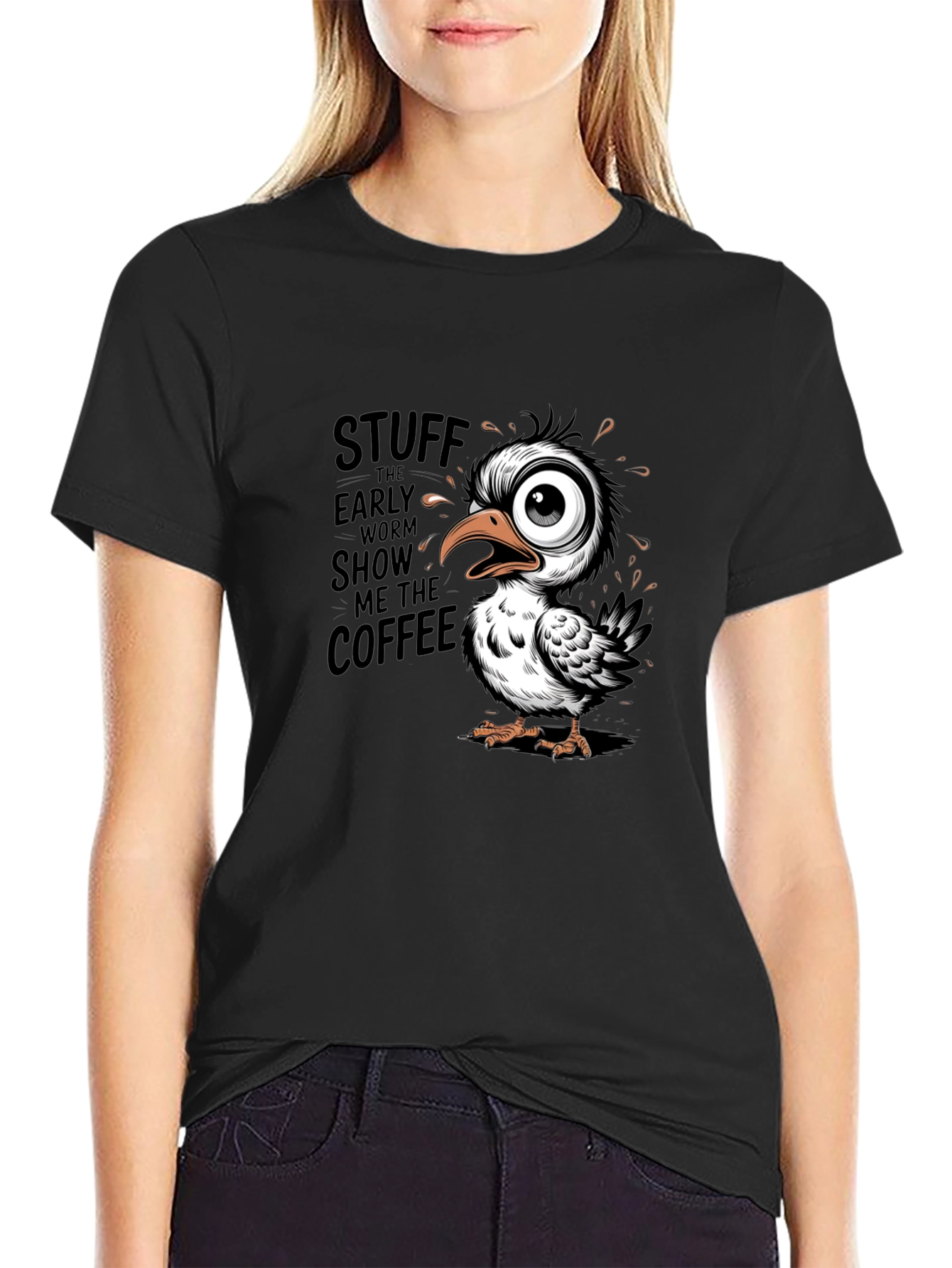 Funny Coffee Bird Graphic Black T-Shirt