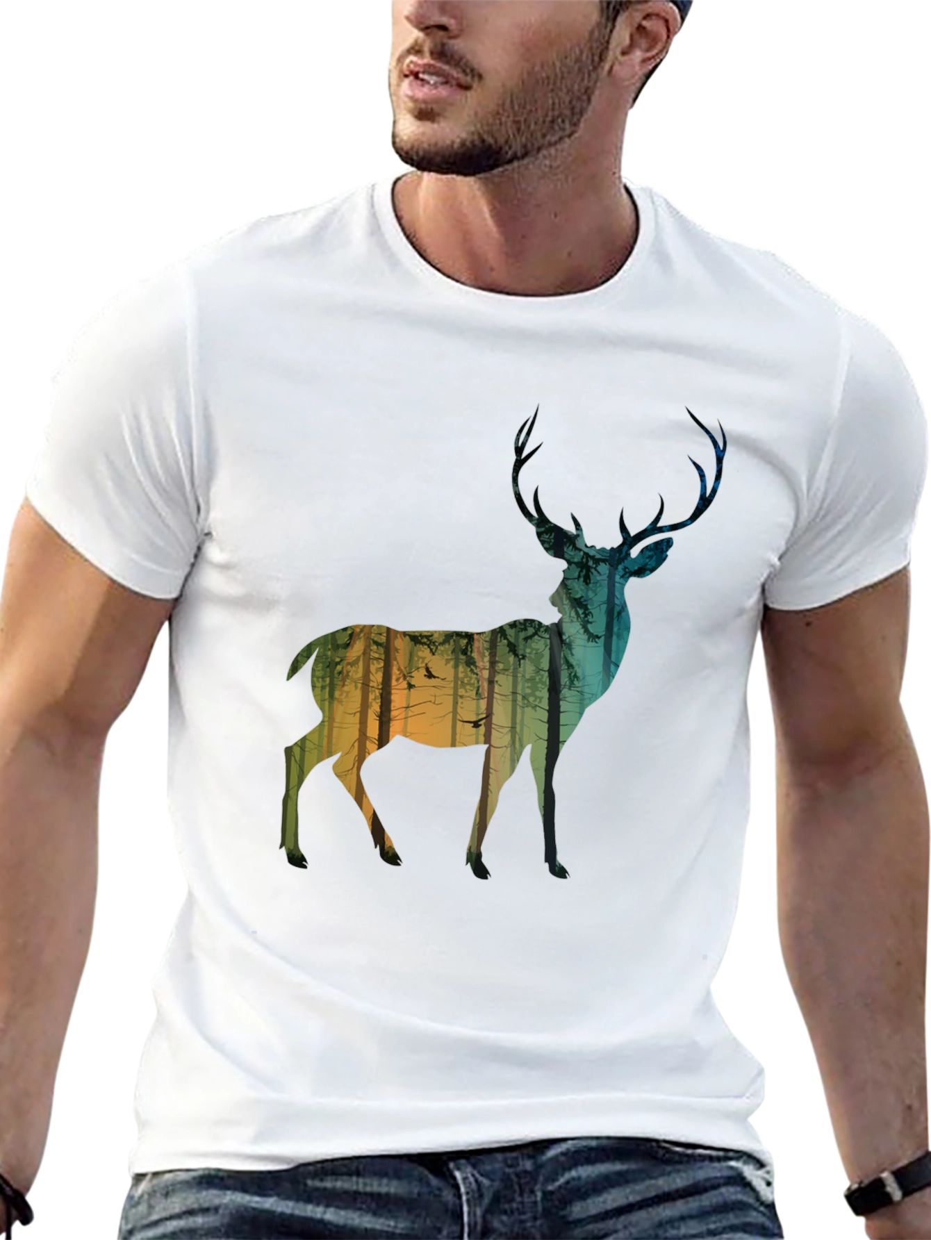 Deer Forest Silhouette Mens Black T-Shirt