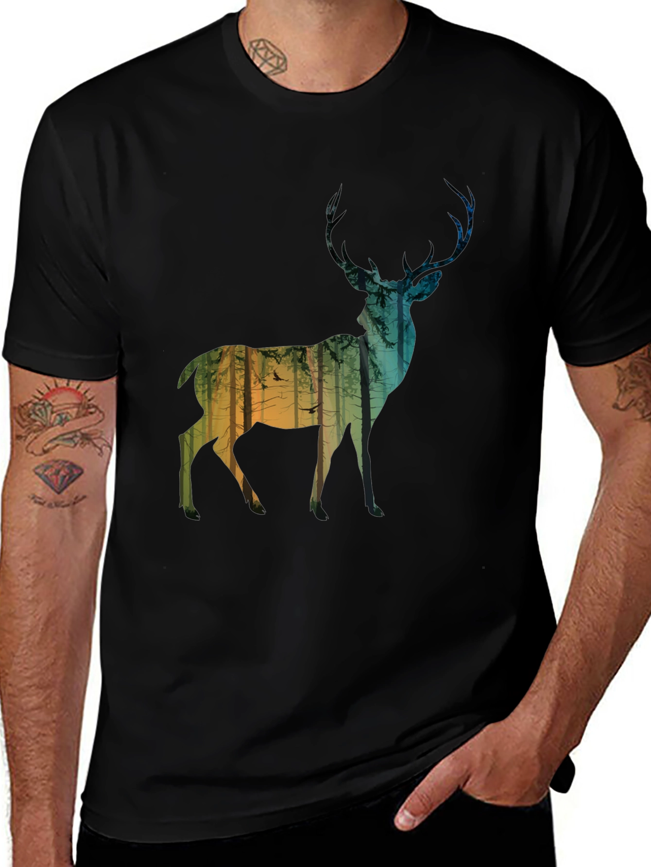 Deer Forest Silhouette Mens Black T-Shirt