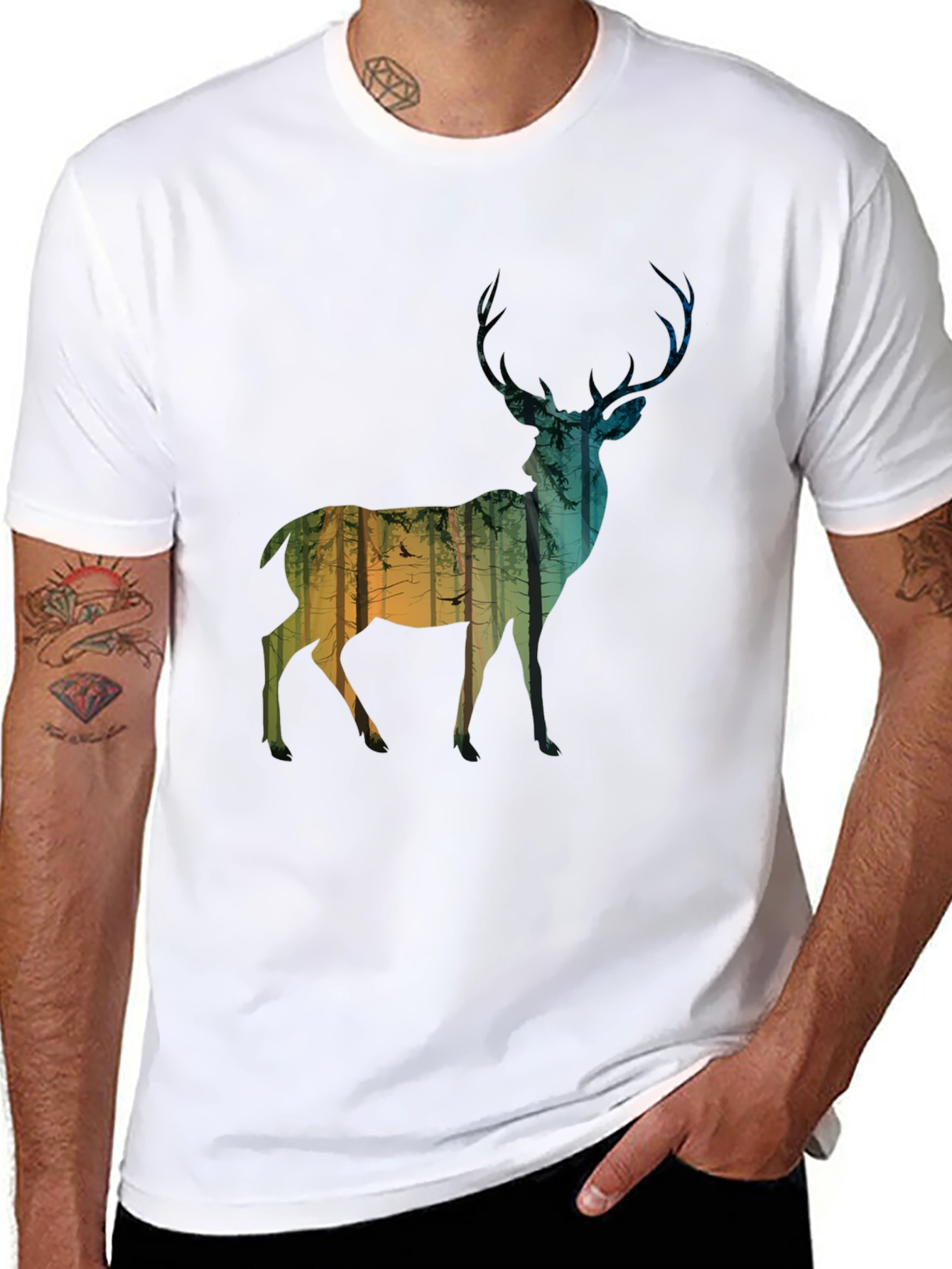 Deer Forest Silhouette Mens Black T-Shirt