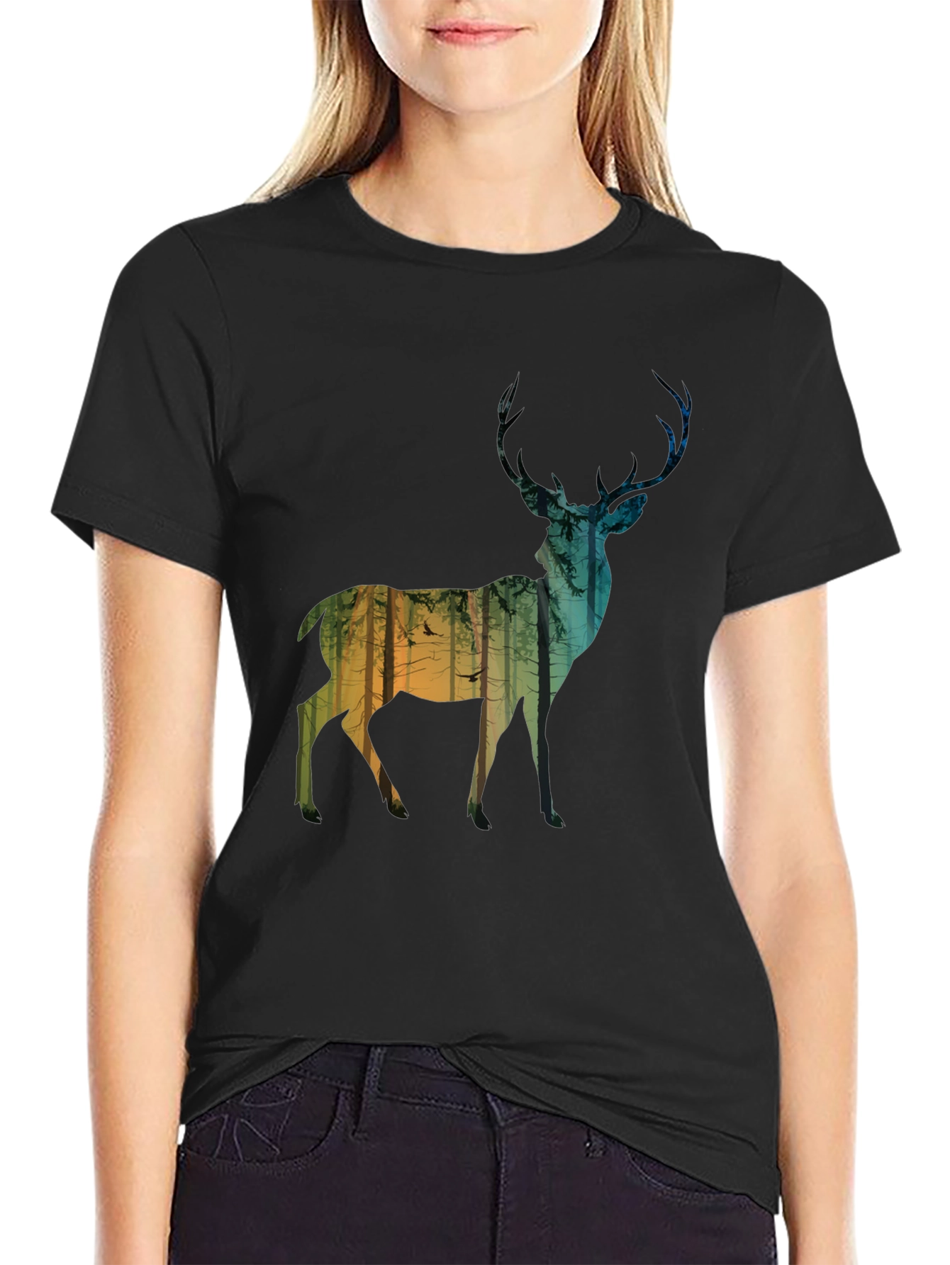 Deer Forest Silhouette Mens Black T-Shirt