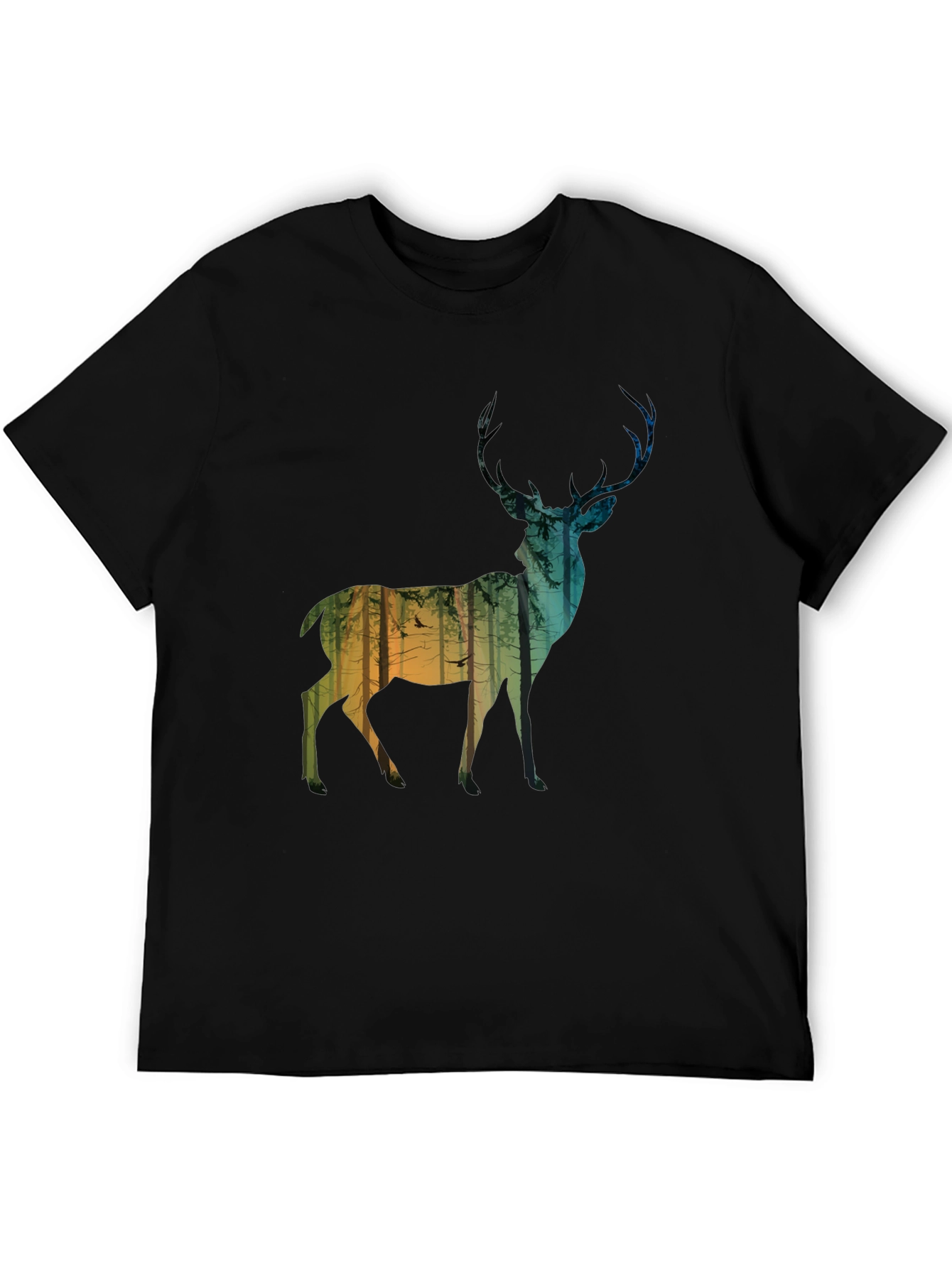 Deer Forest Silhouette Mens Black T-Shirt