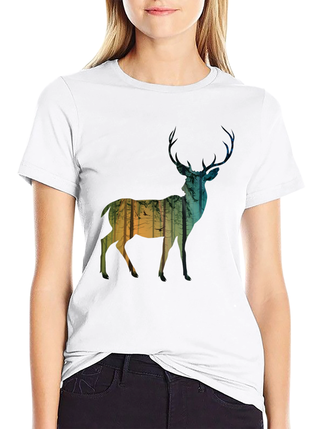 Deer Forest Silhouette Mens Black T-Shirt