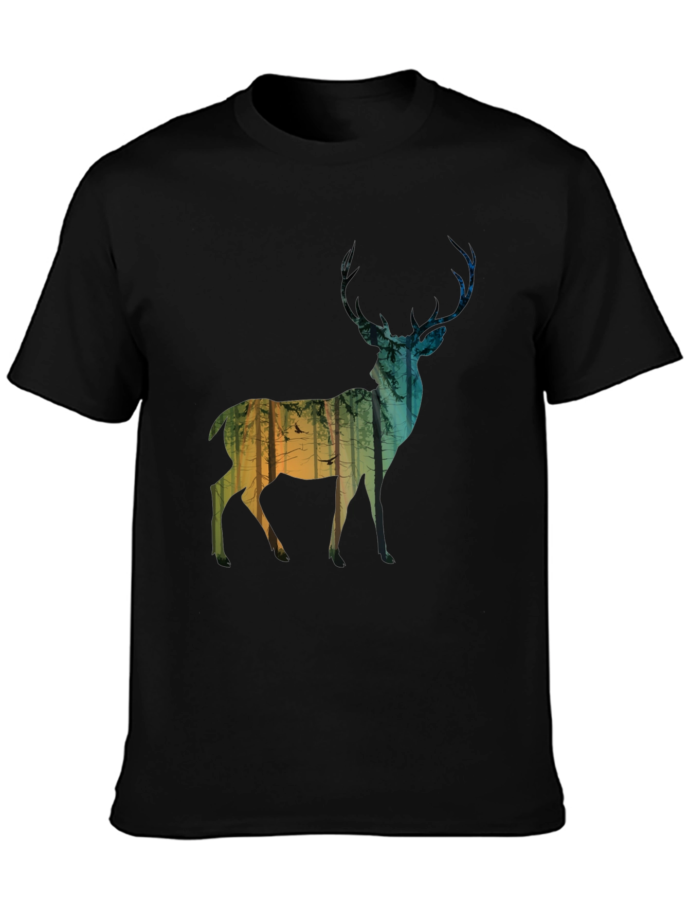 Deer Forest Silhouette Mens Black T-Shirt