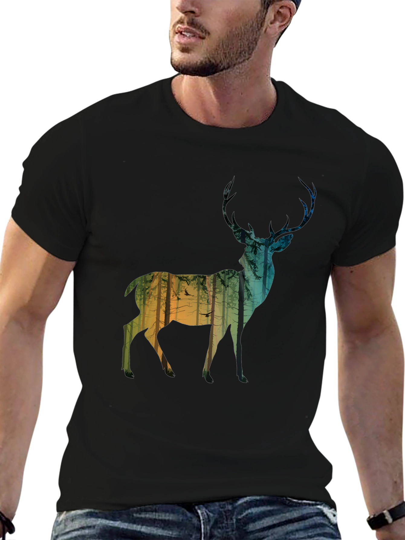 Deer Forest Silhouette Mens Black T-Shirt