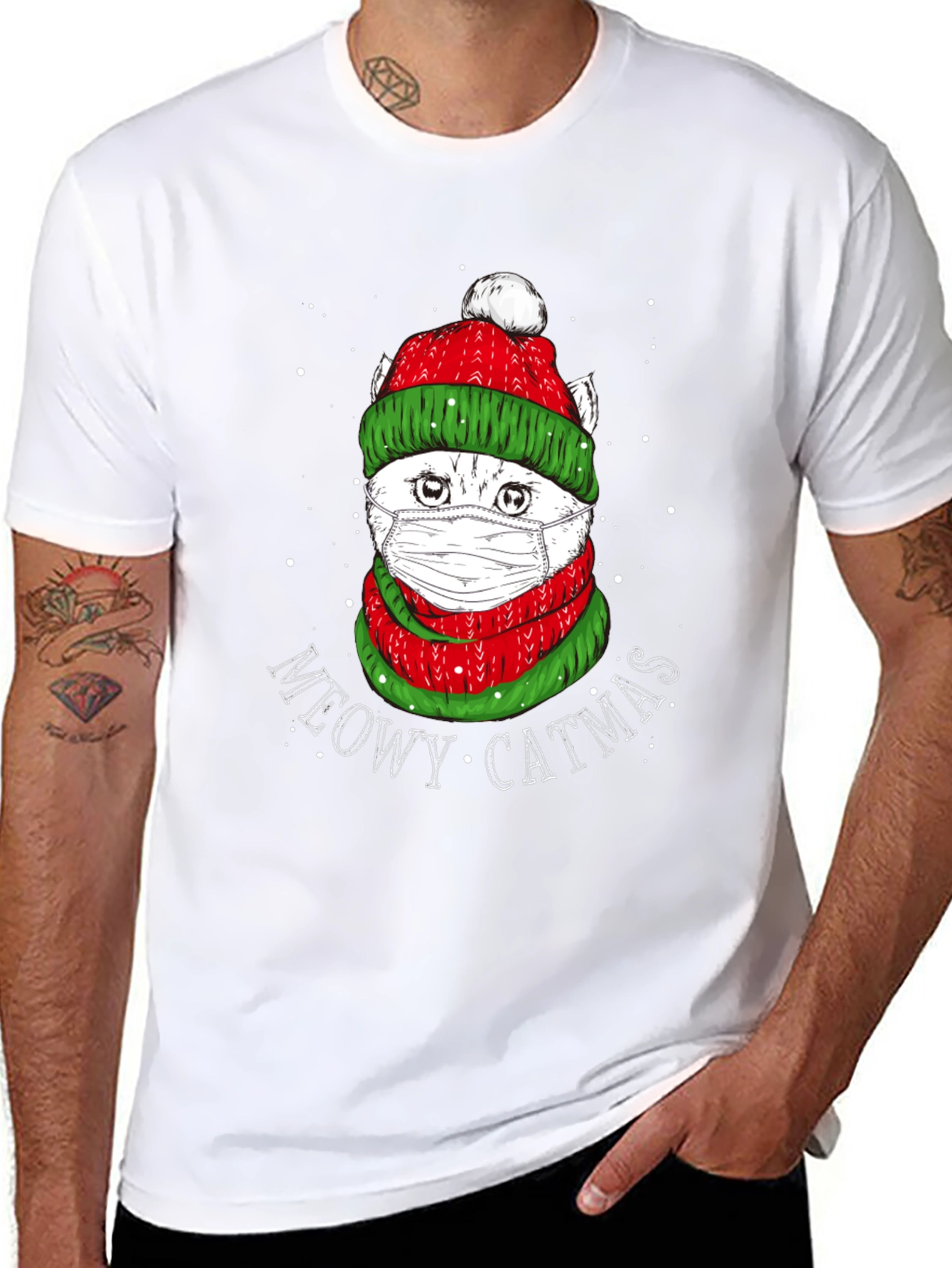 Meowy Catmas T-Shirt - Festive Cat in Mask