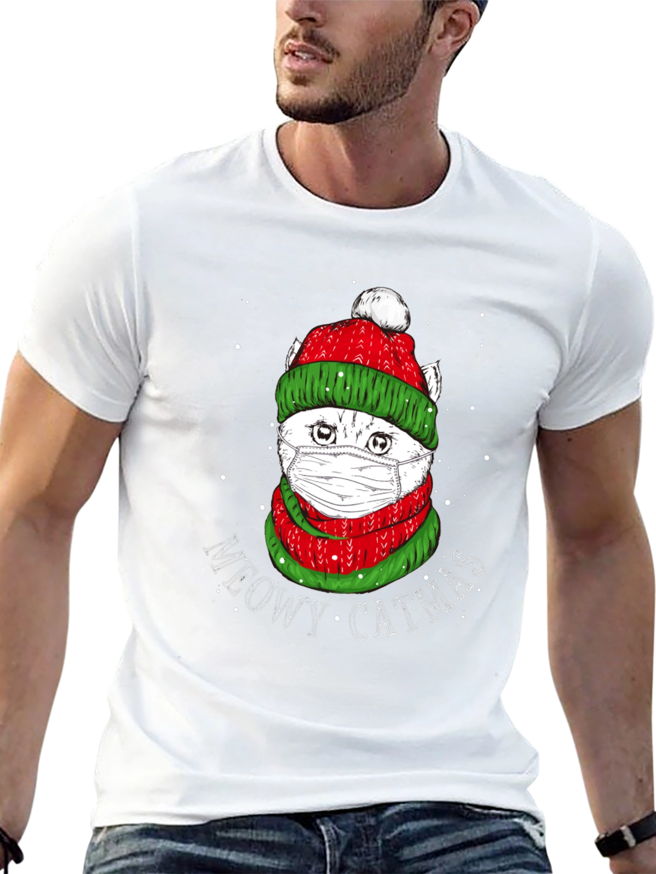 Meowy Catmas T-Shirt - Festive Cat in Mask
