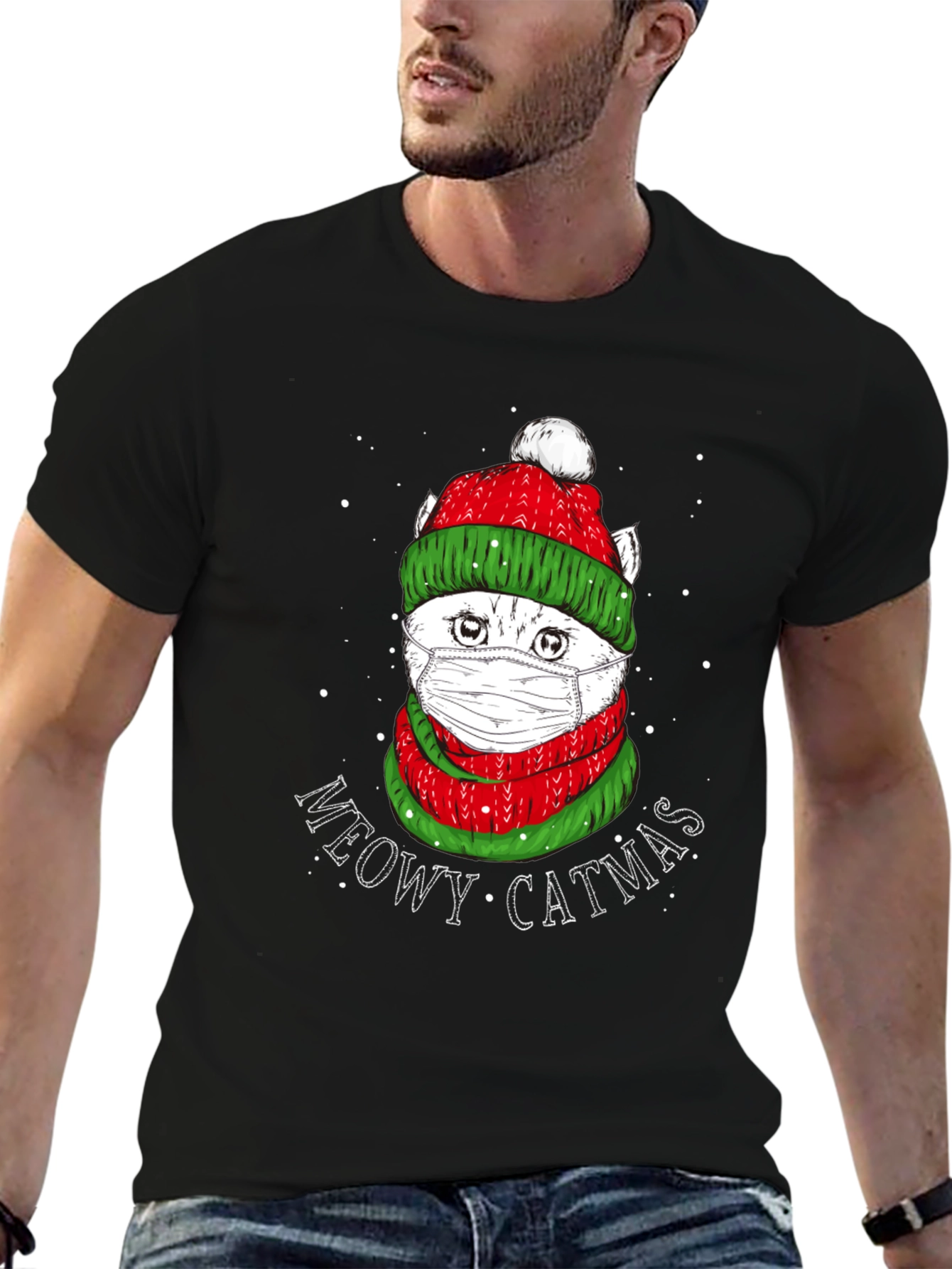 Meowy Catmas T-Shirt - Festive Cat in Mask