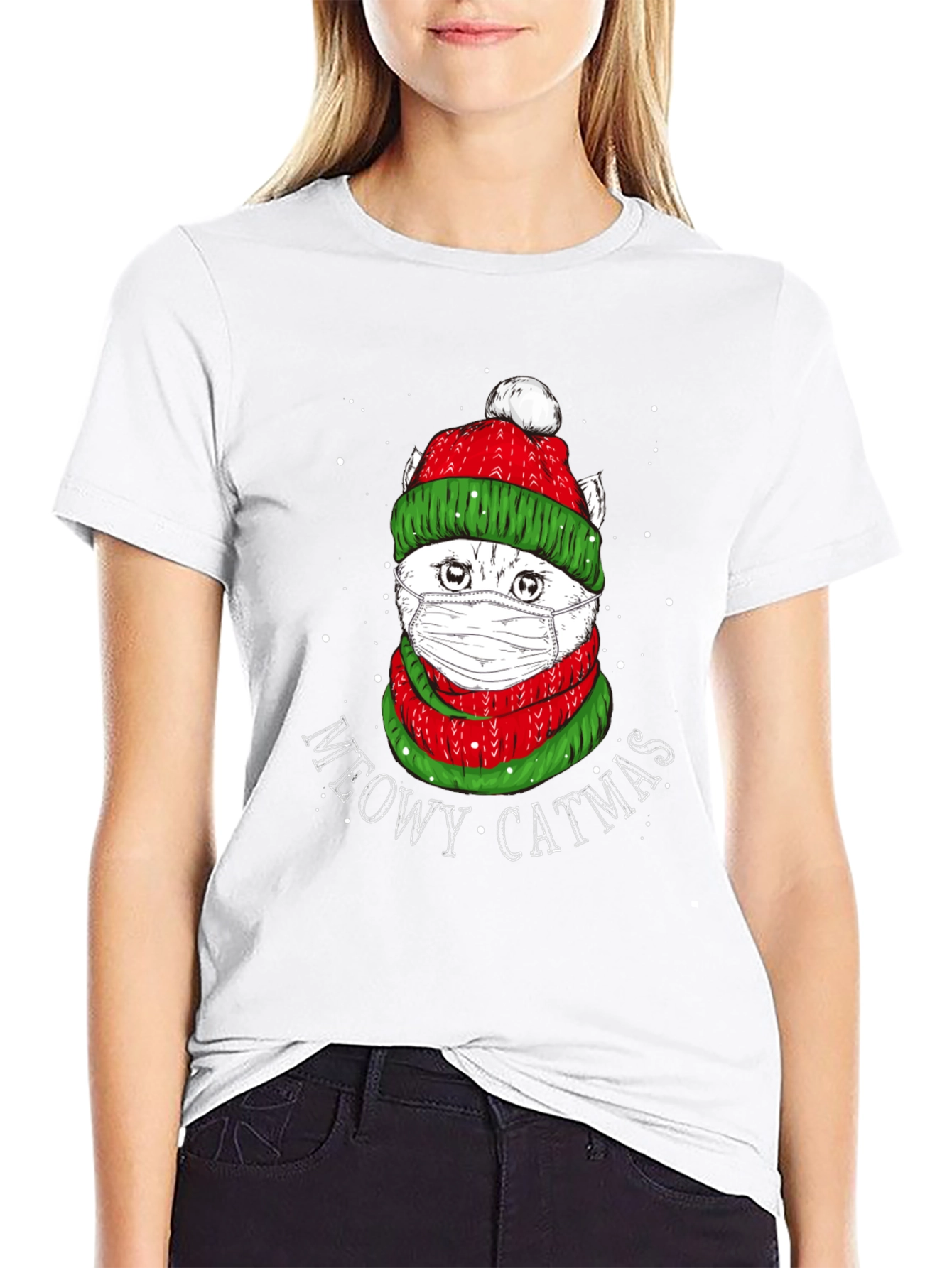 Meowy Catmas T-Shirt - Festive Cat in Mask