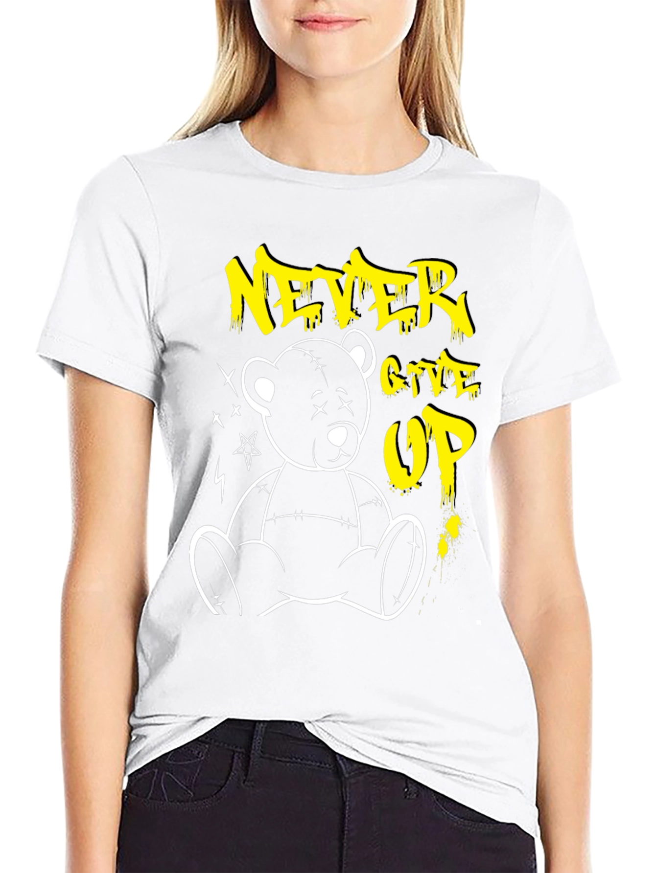Never Give Up Teddy Bear Graphic T-Shirt