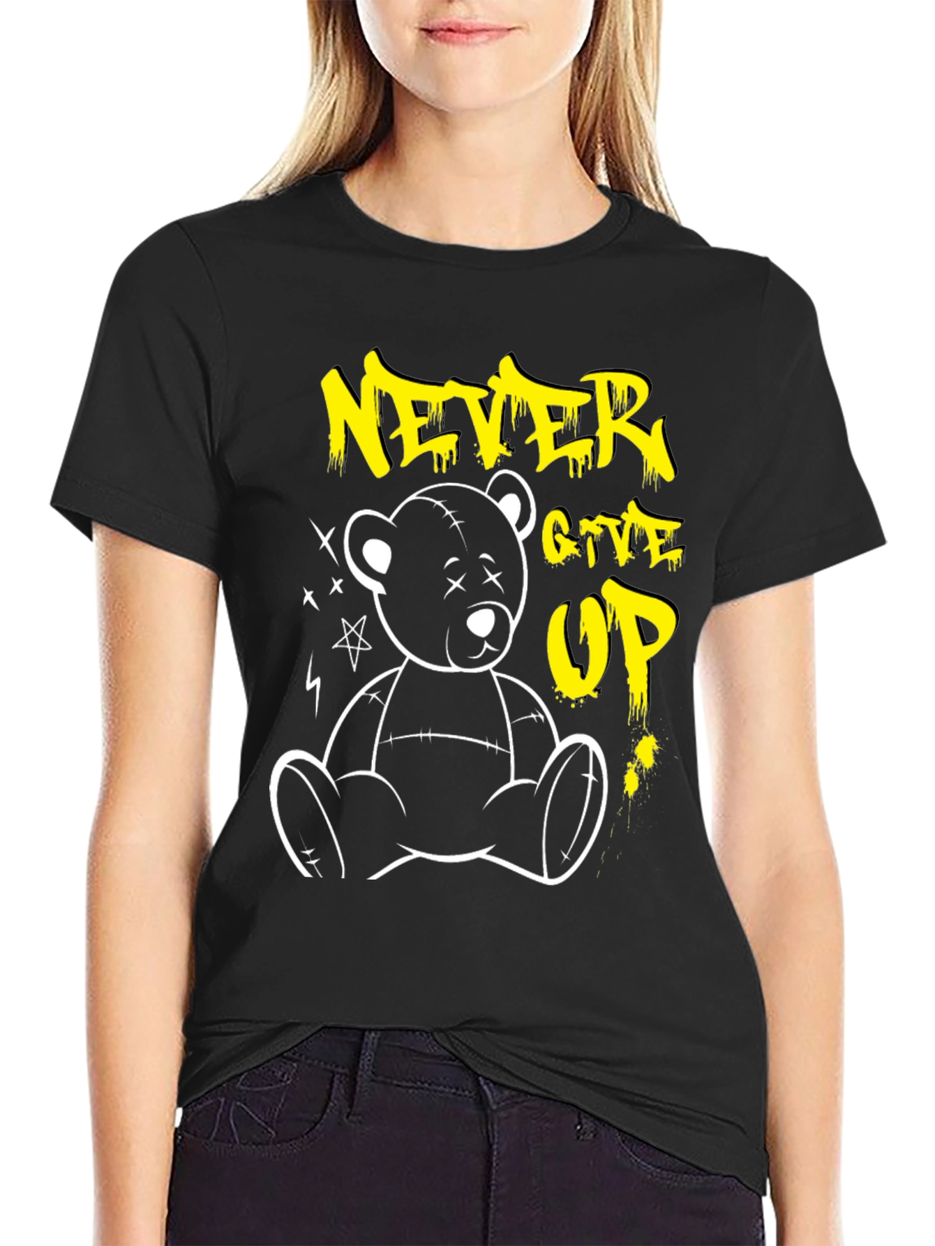 Never Give Up Teddy Bear Graphic T-Shirt