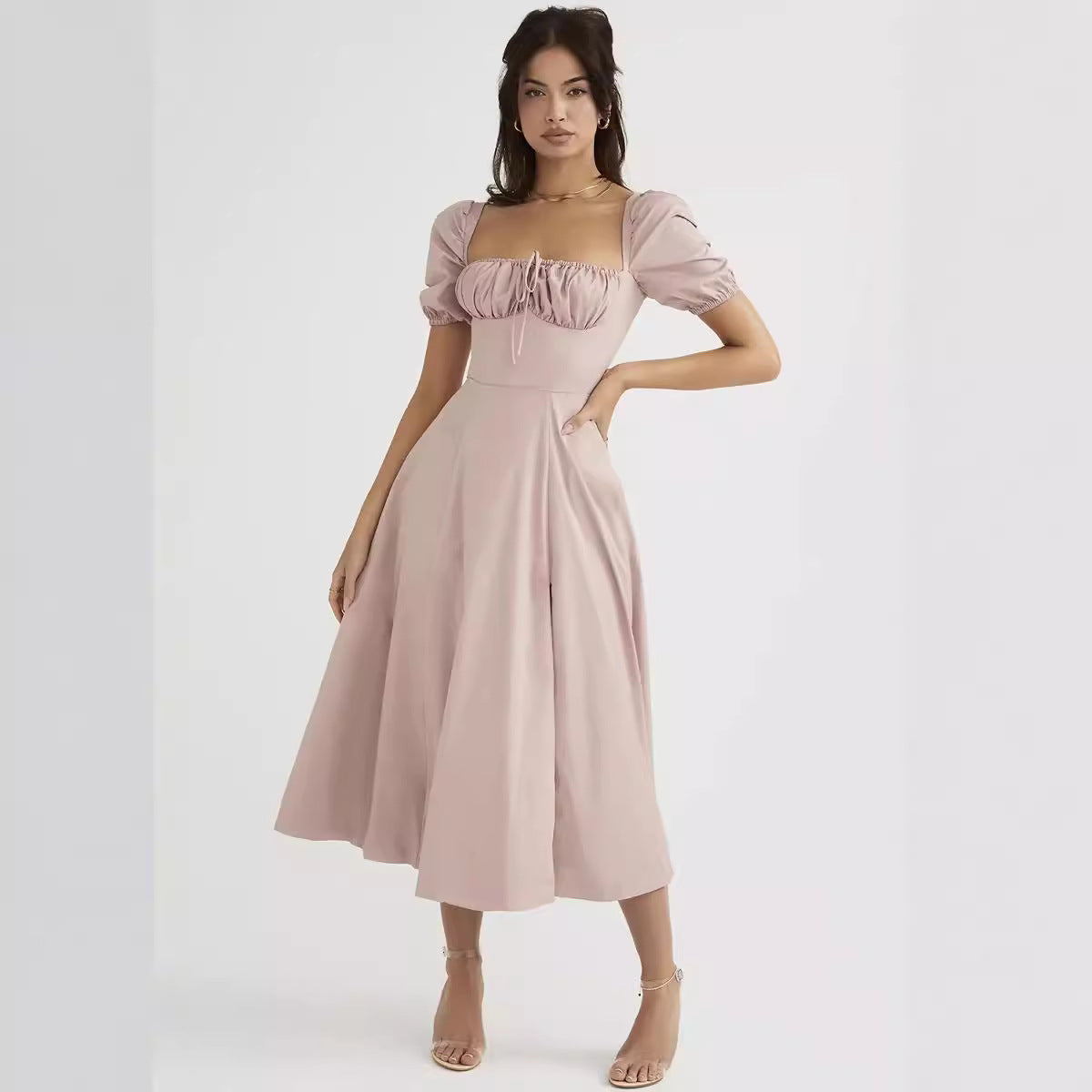 Women's square-neck pleated puff sleeve camisole dress