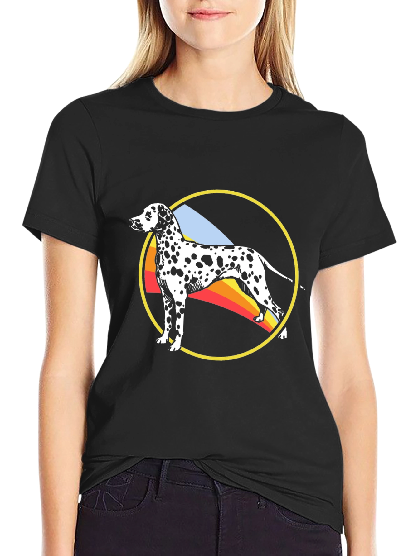 Dalmatian Dog Rainbow Circle Graphic Black T-Shirt